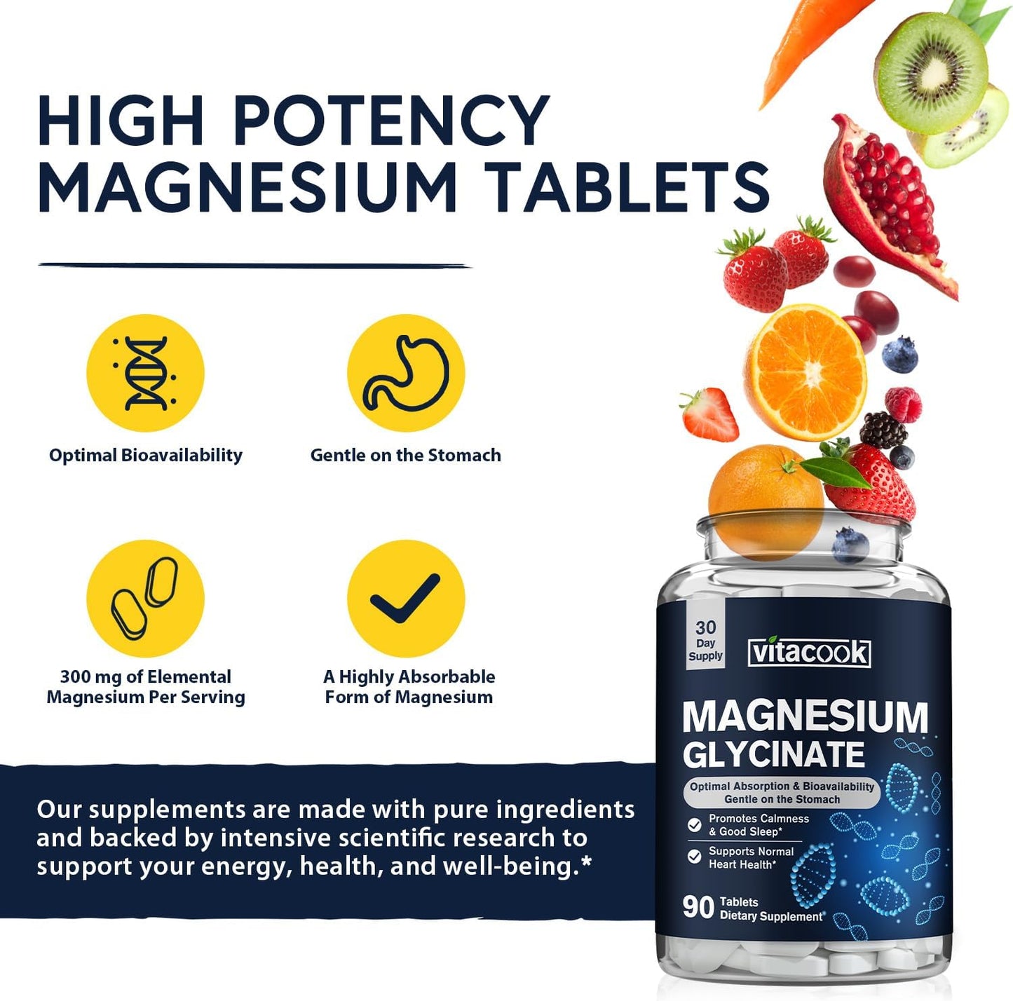 High Potency Vitacook Magnesium Glycinate Tablets - 300mg for Calmness, Mood & Heart Support - Non-GMO, Ultra-Absorbable - 90 Count