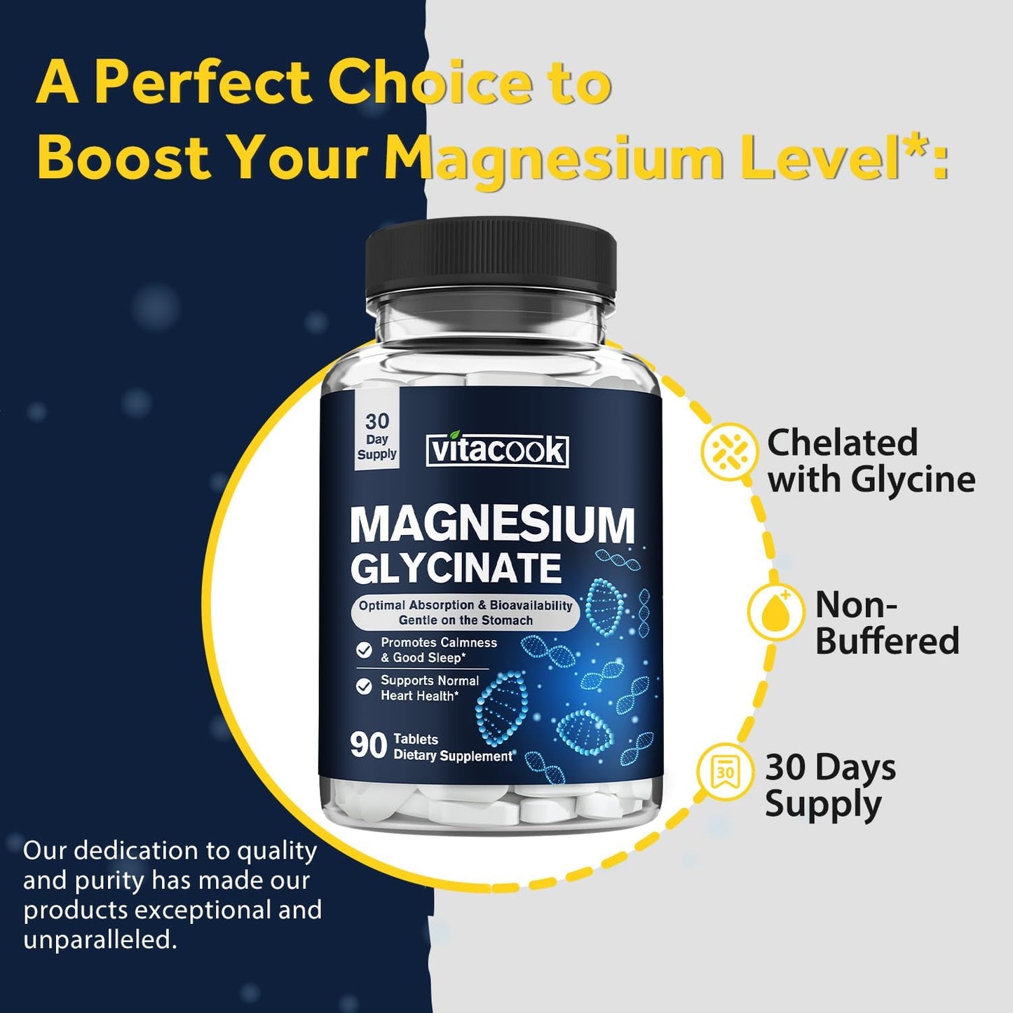 High Potency Vitacook Magnesium Glycinate Tablets - 300mg for Calmness, Mood & Heart Support - Non-GMO, Ultra-Absorbable - 90 Count