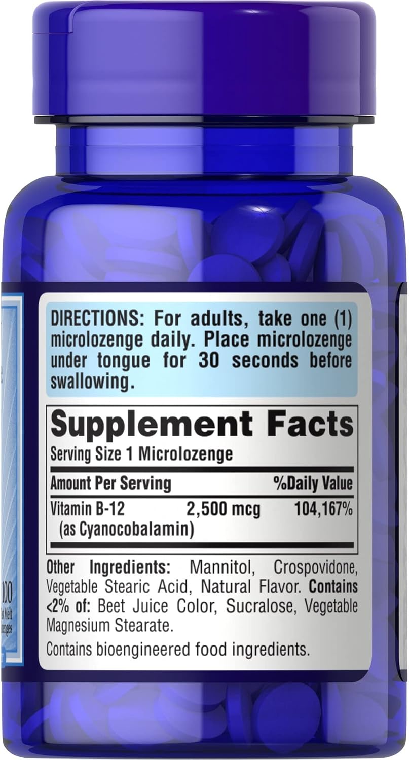 High Potency Vitamin B-12 2500 mcg Sublingual Microlozenges - 100 Count by Puritan's Pride