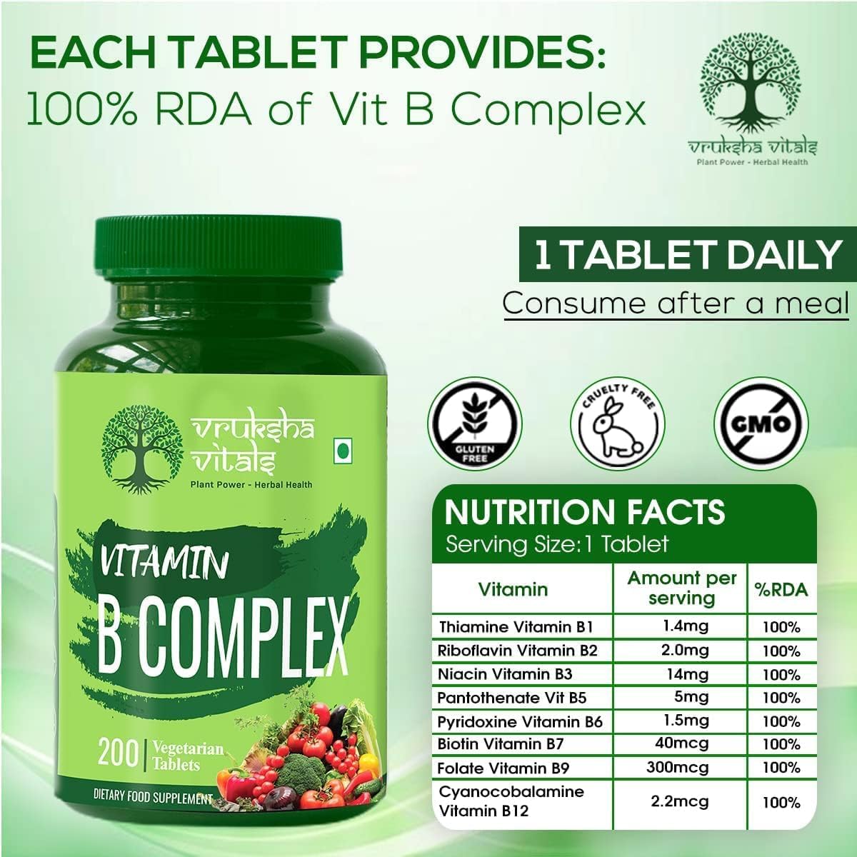 High Potency Vitamin B Complex Supplement - 200 Tablets - 100% RDA - B1, B2, B3, B5, B6, B7, B9, B12 - Natural Green Formula