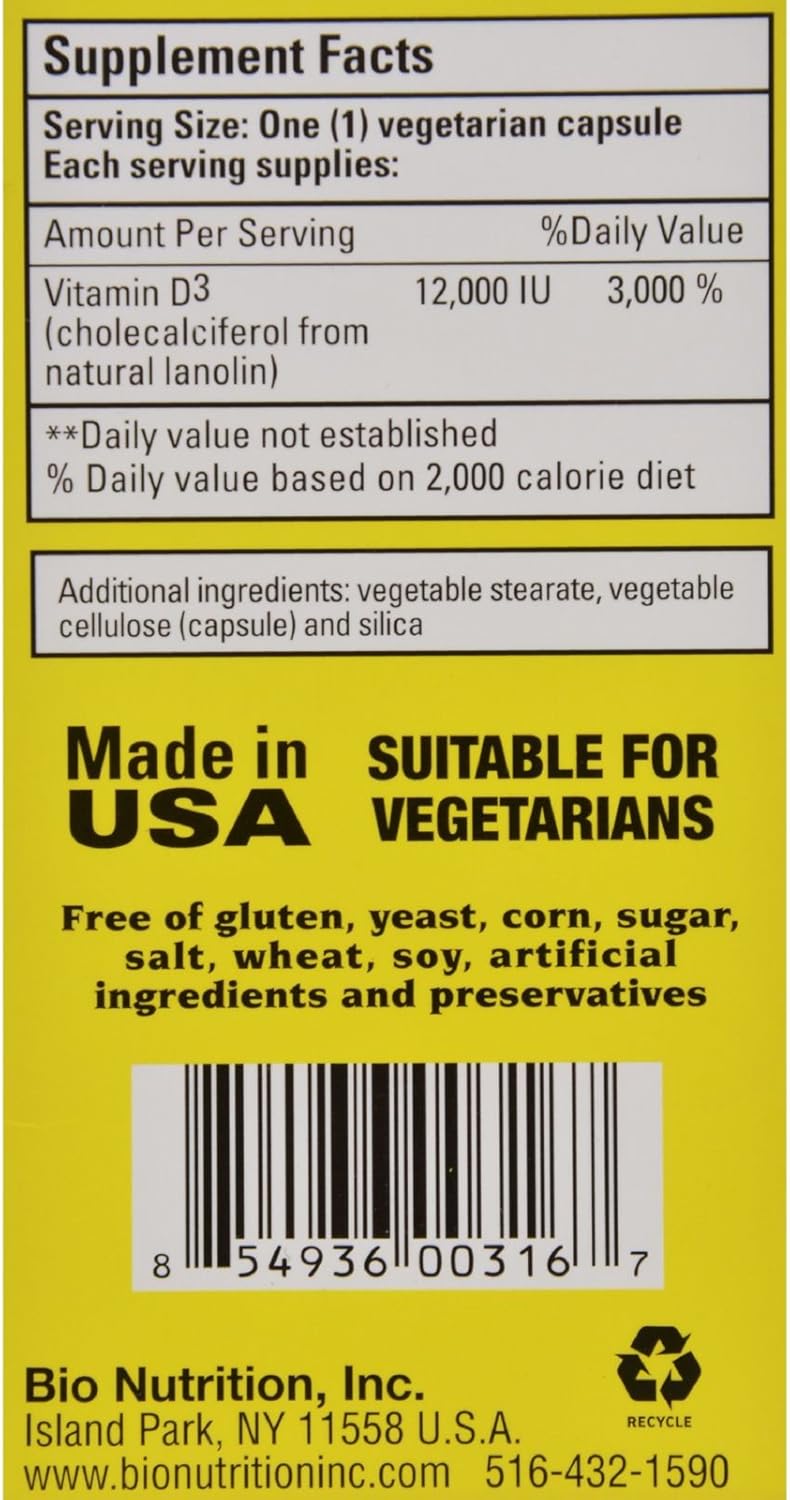 High Potency Vitamin D3 Supplement - 12000 IU, 50 Vegetarian Capsules