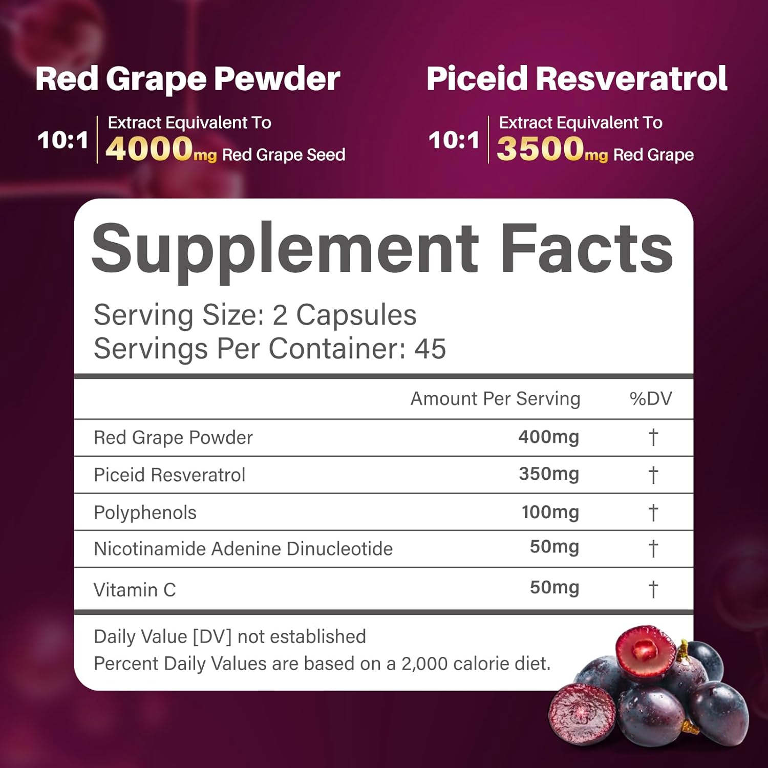 High Purity Piceid Resveratrol Supplement with NAD+ Cell Regenerator - Supports Heart Health, Blood Flow, and Cellular Energy Production - Red Grape Powder - 45 Day Supply