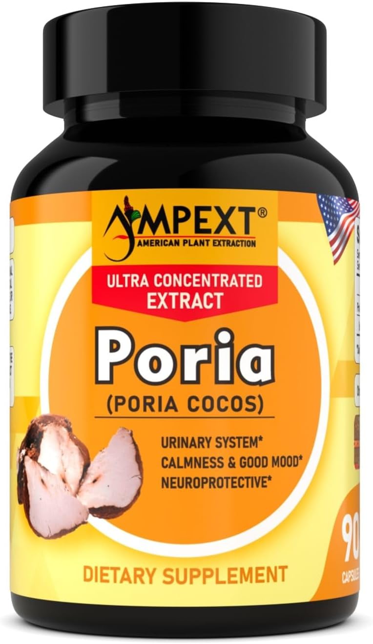 High-Quality AMPEXT Poria Cocos Mushroom Extract Capsules - Antioxidant, Kidney & Cardiovascular Support, Promotes Calmness & Good Mood, 90 Veg Capsules