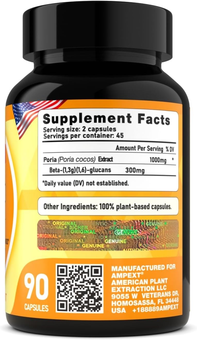 High-Quality AMPEXT Poria Cocos Mushroom Extract Capsules - Antioxidant, Kidney & Cardiovascular Support, Promotes Calmness & Good Mood, 90 Veg Capsules