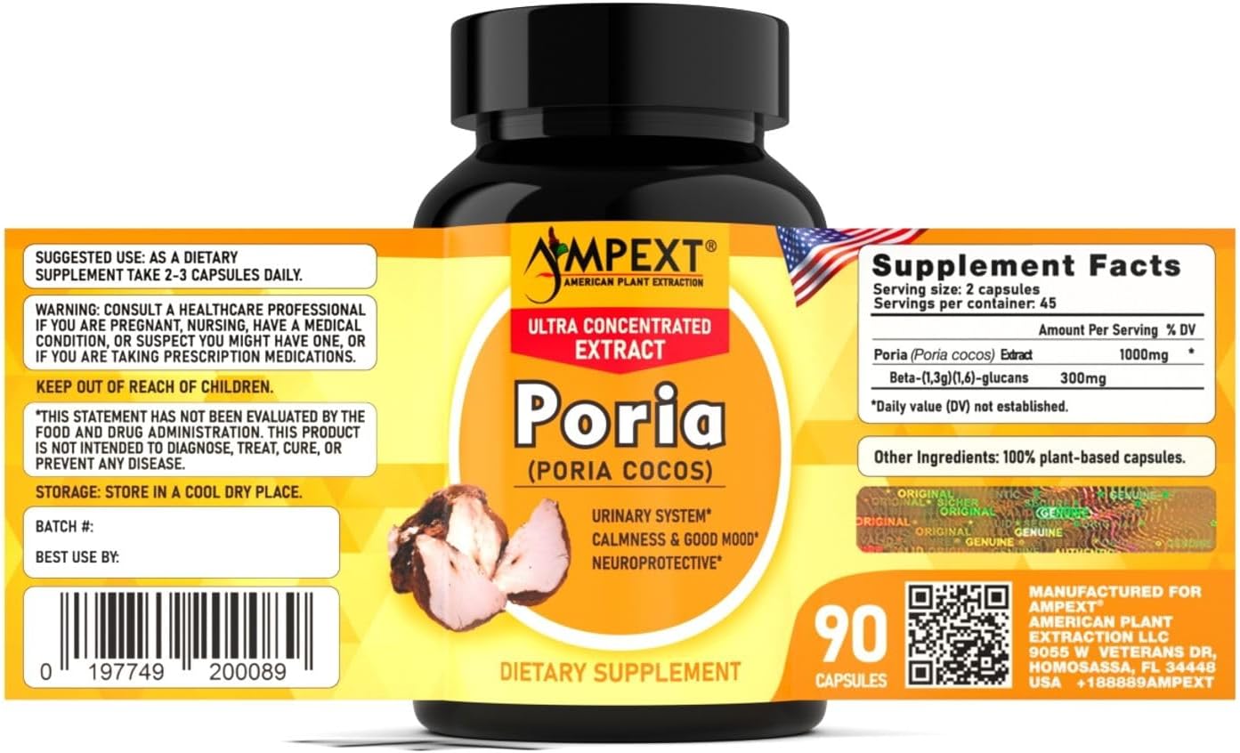 High-Quality AMPEXT Poria Cocos Mushroom Extract Capsules - Antioxidant, Kidney & Cardiovascular Support, Promotes Calmness & Good Mood, 90 Veg Capsules
