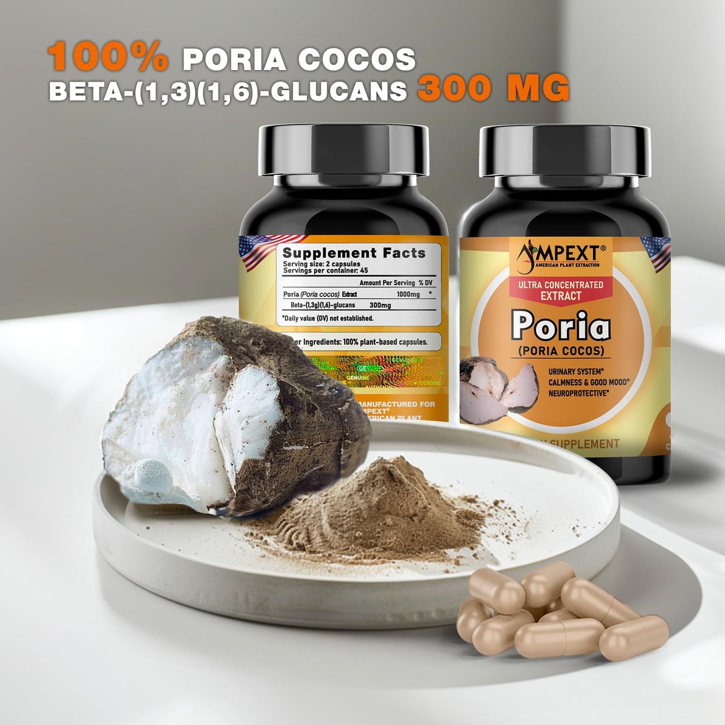 High-Quality AMPEXT Poria Cocos Mushroom Extract Capsules - Antioxidant, Kidney & Cardiovascular Support, Promotes Calmness & Good Mood, 90 Veg Capsules