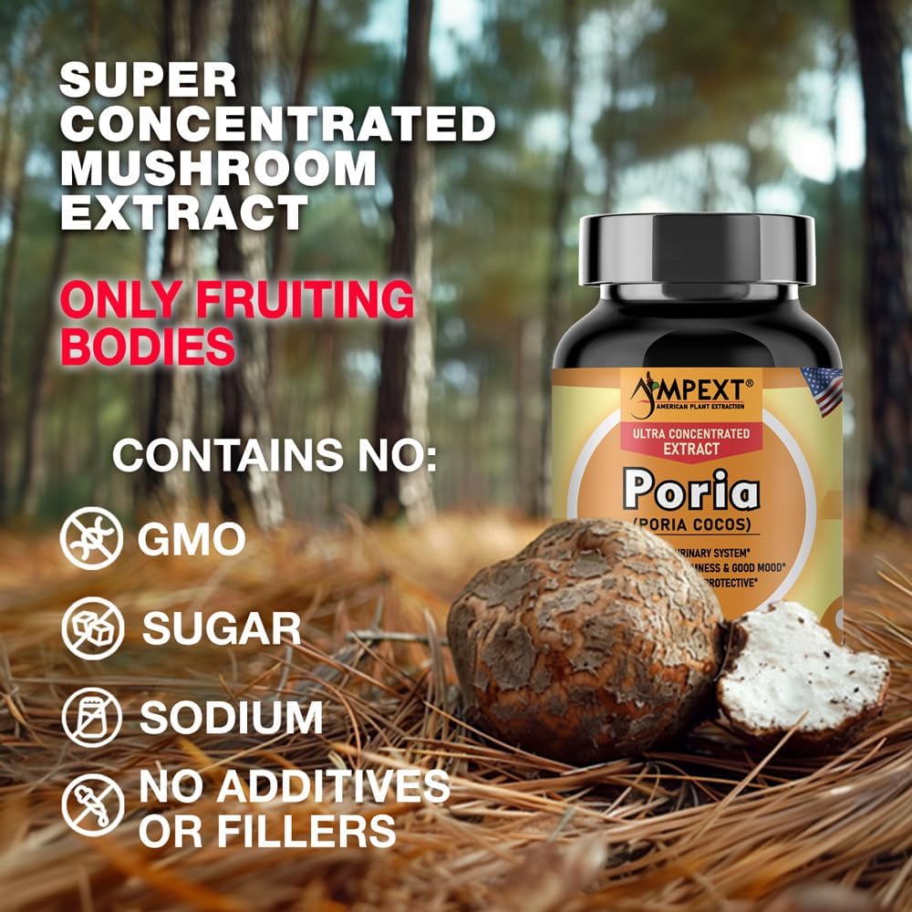 High-Quality AMPEXT Poria Cocos Mushroom Extract Capsules - Antioxidant, Kidney & Cardiovascular Support, Promotes Calmness & Good Mood, 90 Veg Capsules