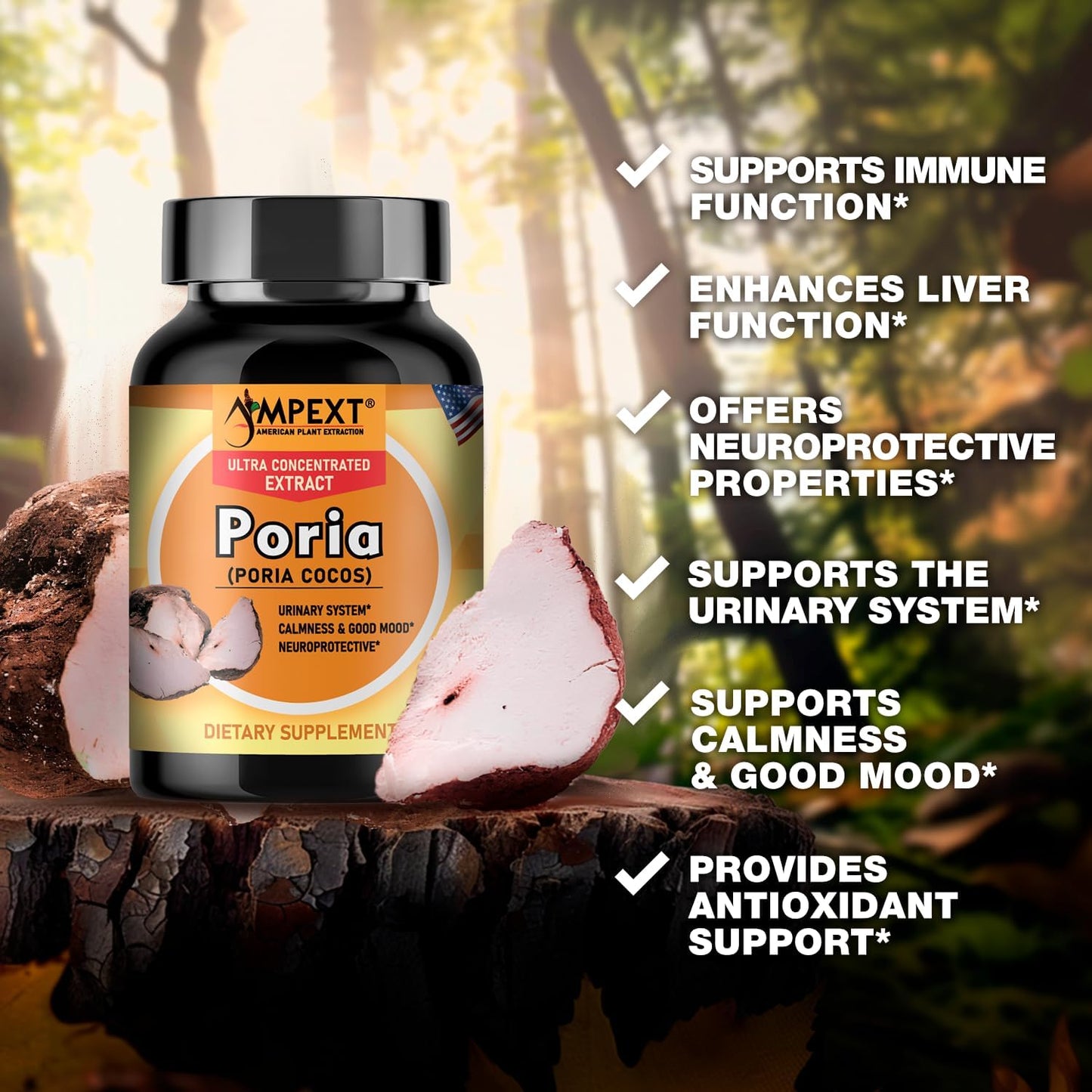 High-Quality AMPEXT Poria Cocos Mushroom Extract Capsules - Antioxidant, Kidney & Cardiovascular Support, Promotes Calmness & Good Mood, 90 Veg Capsules