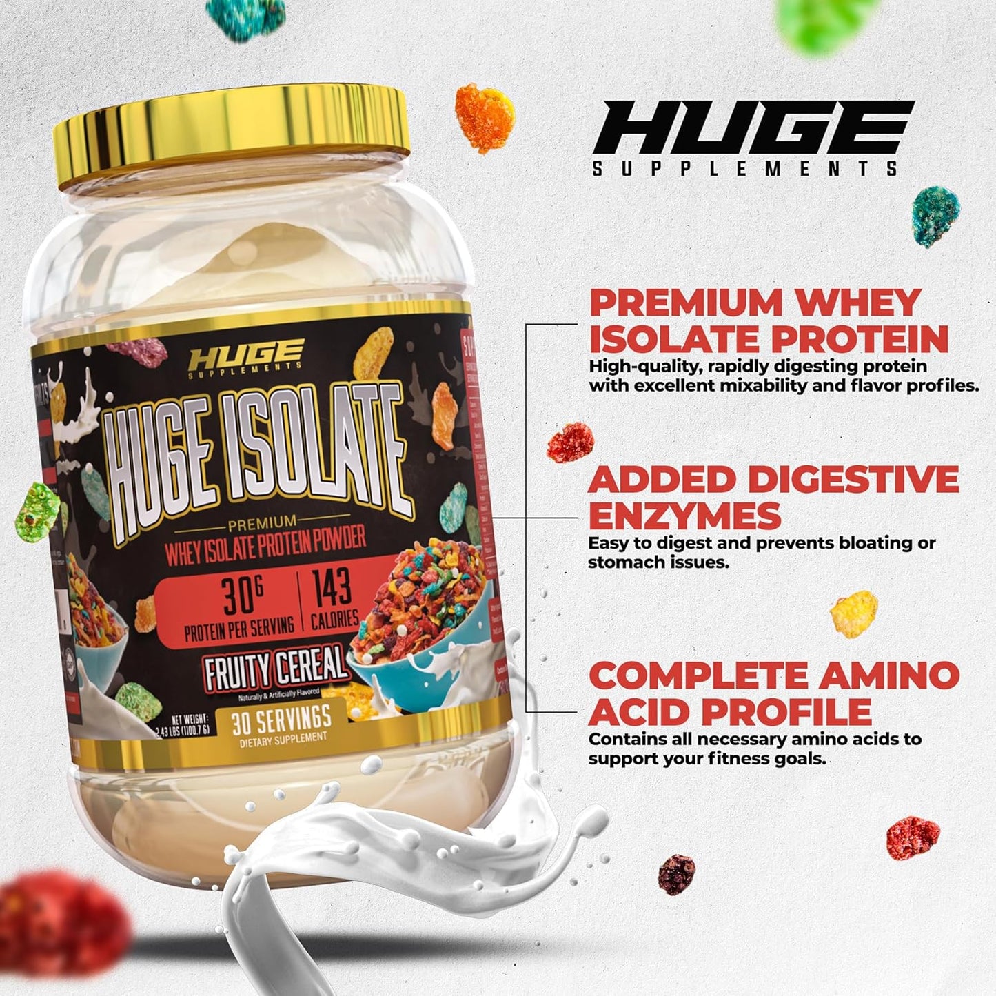 High-Quality Isolate Protein Powder - 30g Protein, Fast Digesting, 14.5g Essential Amino Acids, Fruity Cereal Flavor - 30 Servings