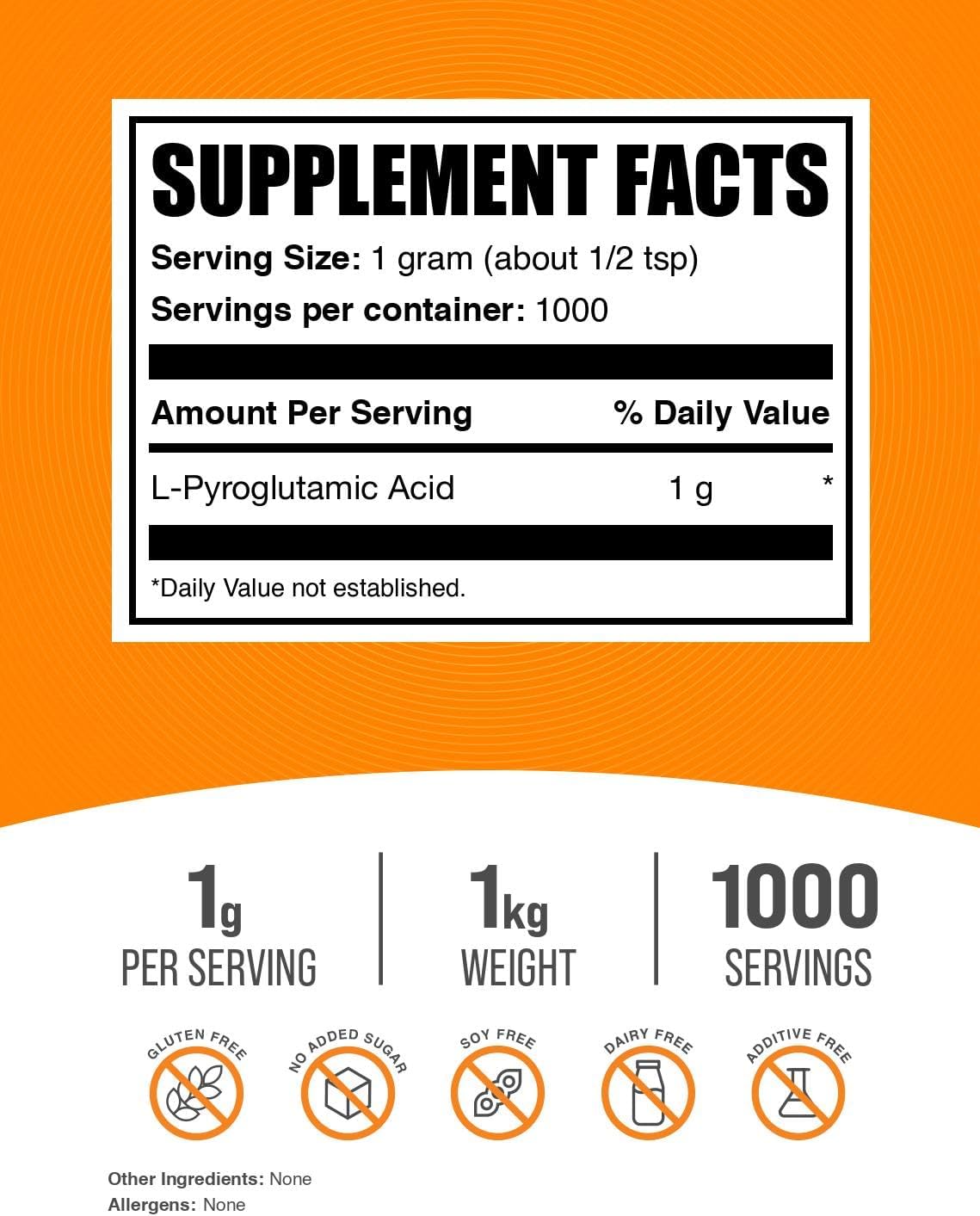 High-Quality L-Pyroglutamic Acid Powder Supplement - Boost Well-Being with Amino Acid Support - Gluten-Free, 1000mg per Serving, 1kg (2.2 lbs) Size