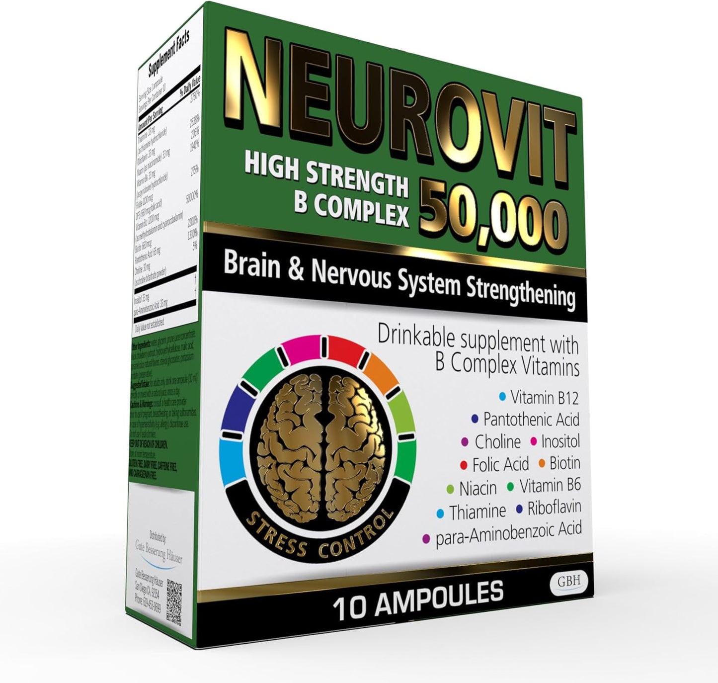 High Strength Neurovit 50,000 Liquid Vitamin B Complex Supplement for Brain & Nervous System Support - 10 Ampoules, 3.4 fl oz (100ml) - Fast Absorption, Non-GMO, Gluten-Free