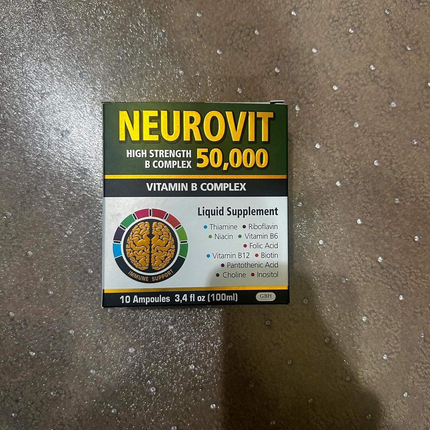 High Strength Neurovit 50,000 Liquid Vitamin B Complex Supplement for Brain & Nervous System Support - 10 Ampoules, 3.4 fl oz (100ml) - Fast Absorption, Non-GMO, Gluten-Free