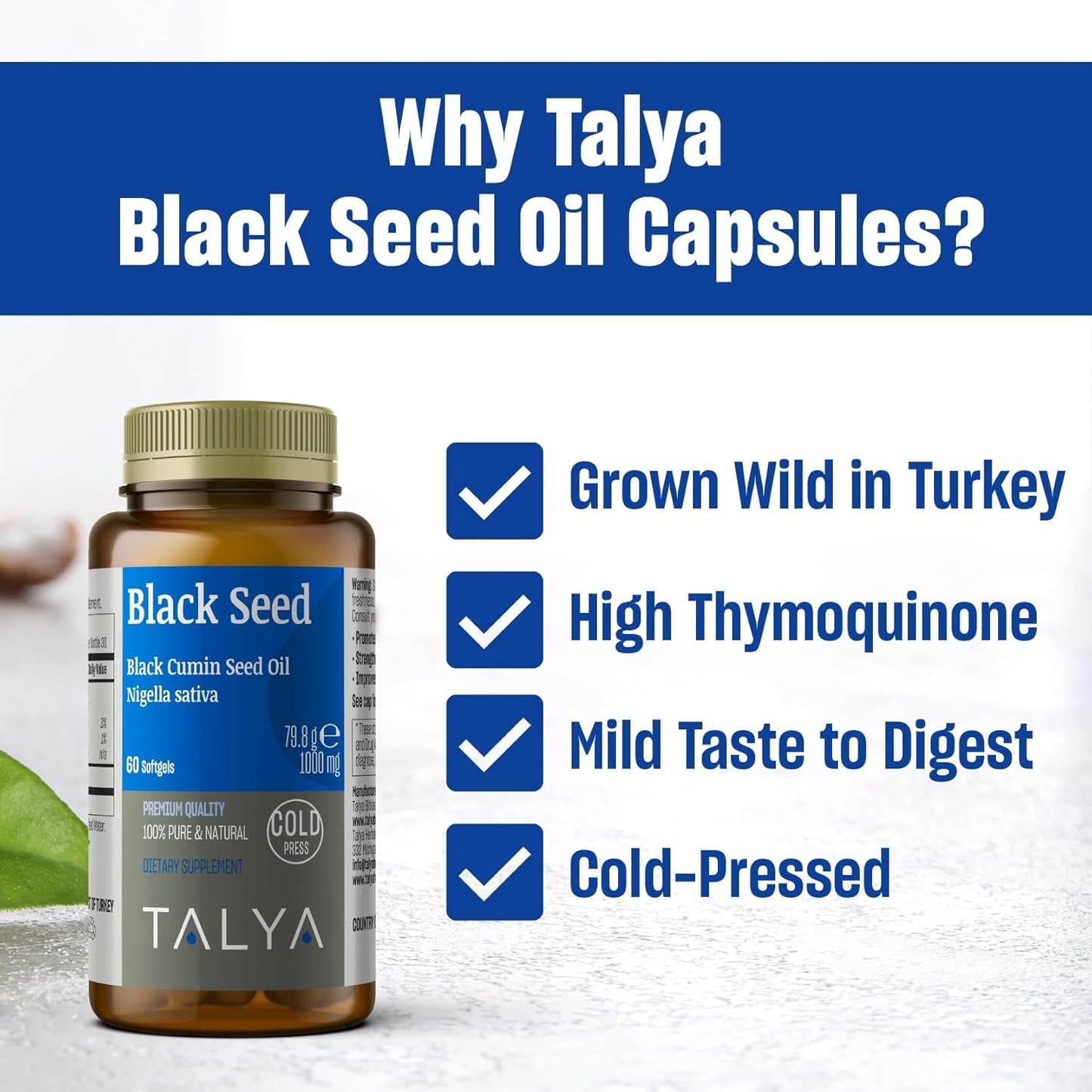 High Thymoquinone Black Seed Oil Softgel for Immune Support, Digestive Health, Brain Function, Joint Mobility - Cold-Pressed from Non-GMO Turkish Seeds
