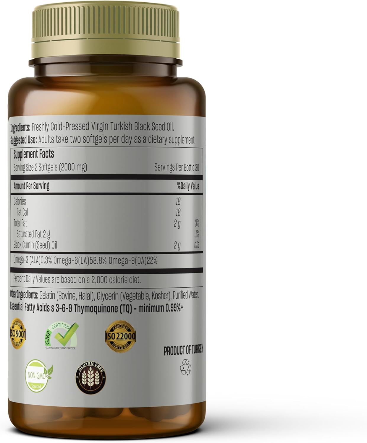 High Thymoquinone Black Seed Oil Softgel for Immune Support, Digestive Health, Brain Function, Joint Mobility - Cold-Pressed from Non-GMO Turkish Seeds