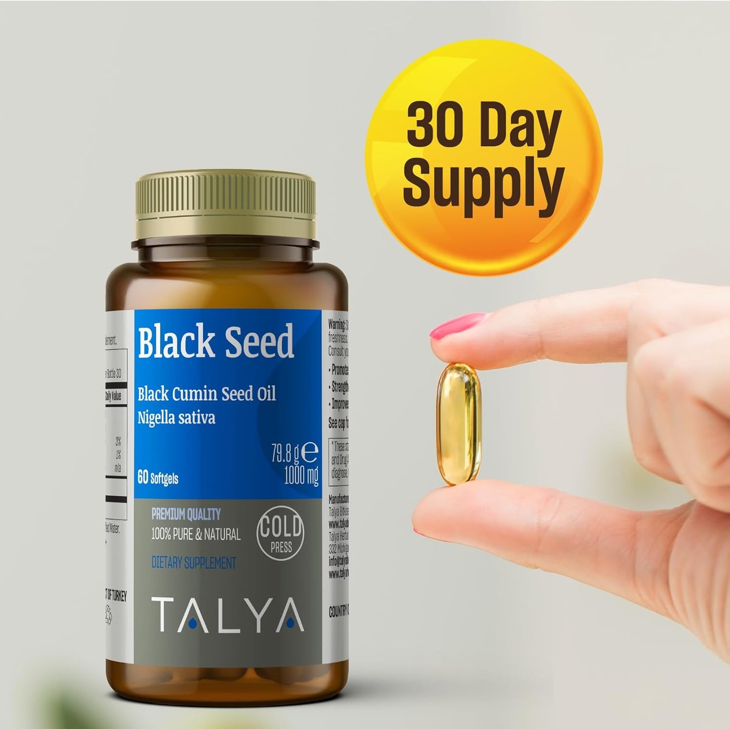 High Thymoquinone Black Seed Oil Softgel for Immune Support, Digestive Health, Brain Function, Joint Mobility - Cold-Pressed from Non-GMO Turkish Seeds