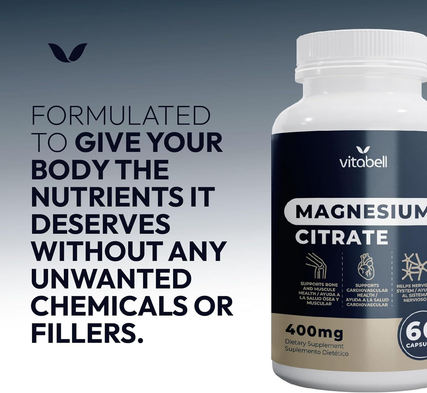 Highly Absorbable VITABELL Magnesium Citrate 400mg for Relaxation, Constipation Relief, and Digestive Health