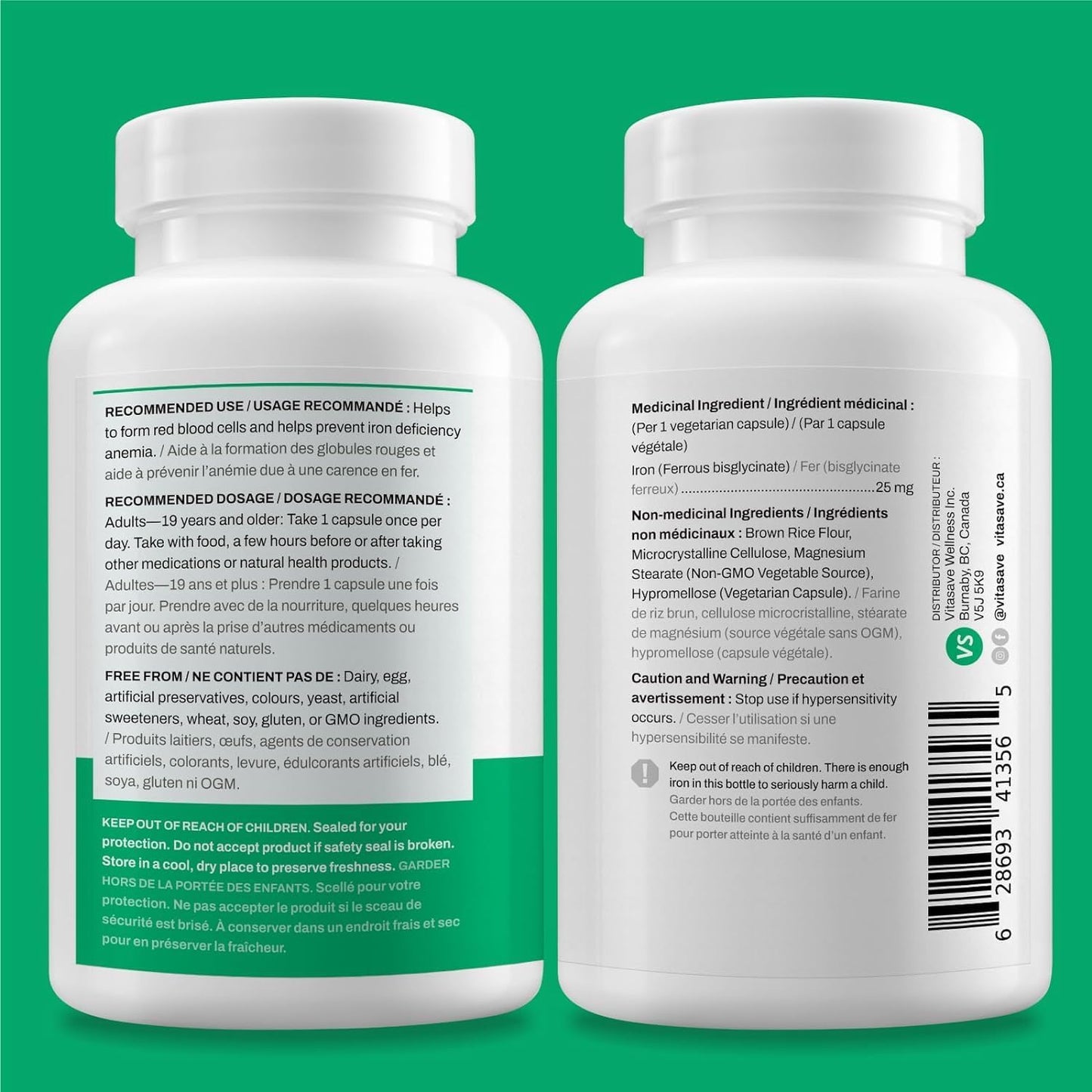 Highly Absorbable Vitasave Pure Iron Bisglycinate Supplement for Gentle Stomach and Immune Support