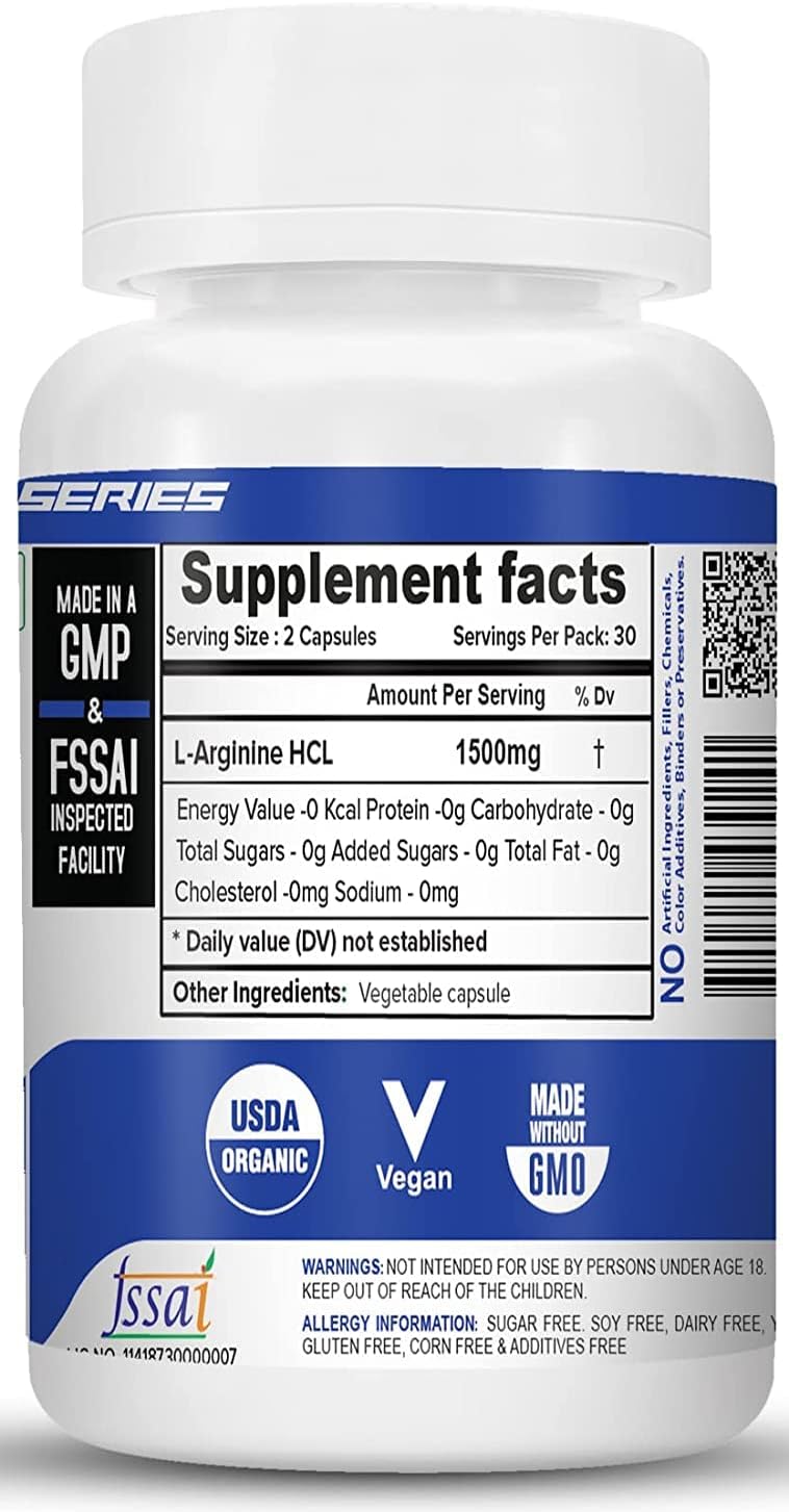 Highly Bioavailable NutriJa L-Arginine HCL Capsules - Maximum Strength Nitric Oxide Booster (60 Capsules)
