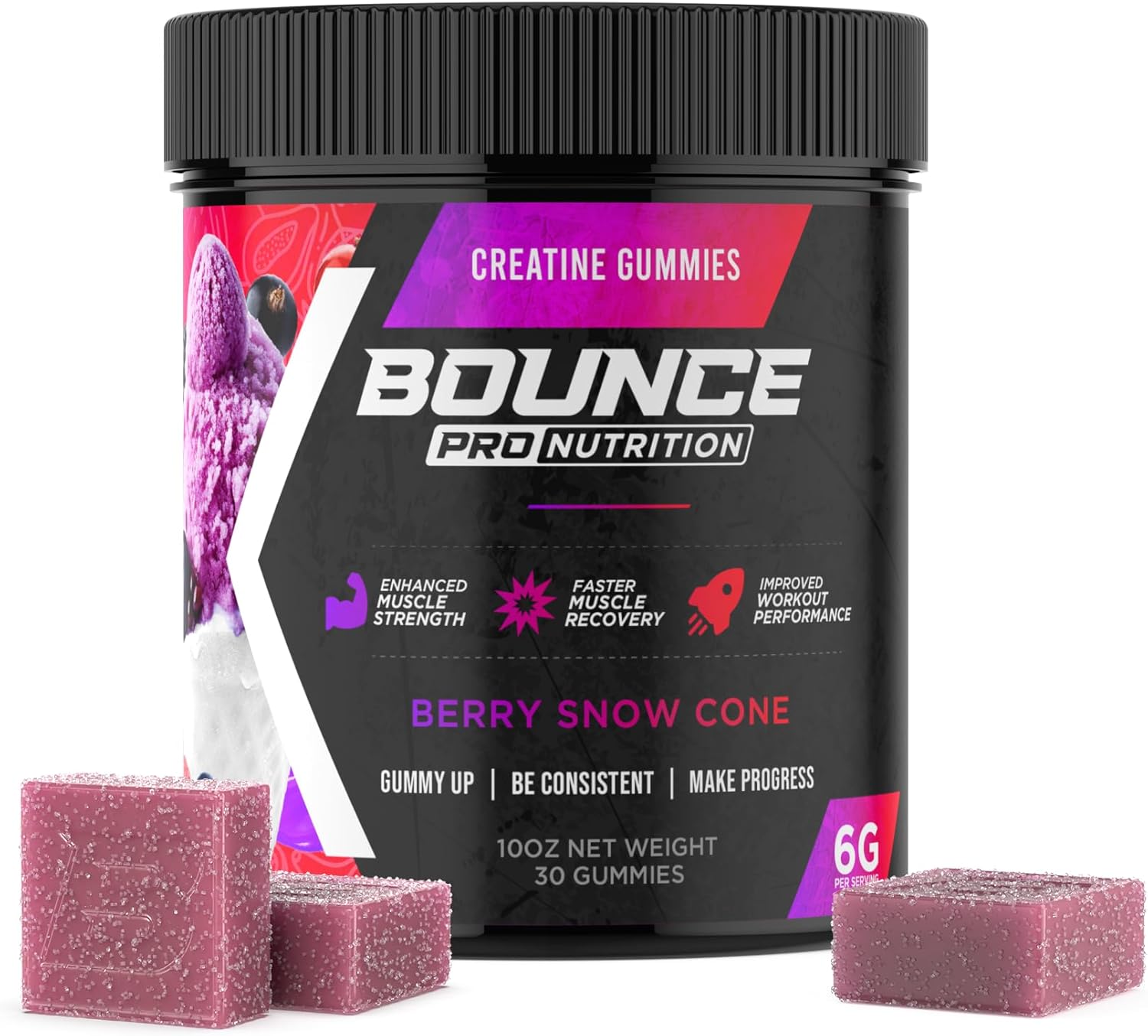Highly Effective Bounce Pro Creatine Monohydrate Gummies for Men & Women - Low Calorie, Vegan, Gluten-Free, Non-GMO, Anti-Melting - 30ct Berry Snow Cone Flavor - 6g of Creatine per Serving