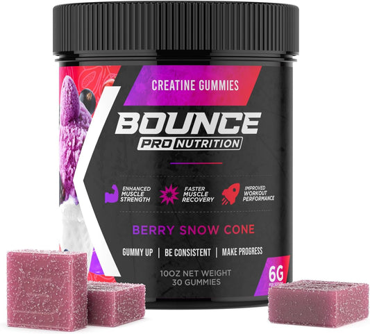 Highly Effective Bounce Pro Creatine Monohydrate Gummies for Men & Women - Low Calorie, Vegan, Gluten-Free, Non-GMO, Anti-Melting - 30ct Berry Snow Cone Flavor - 6g of Creatine per Serving