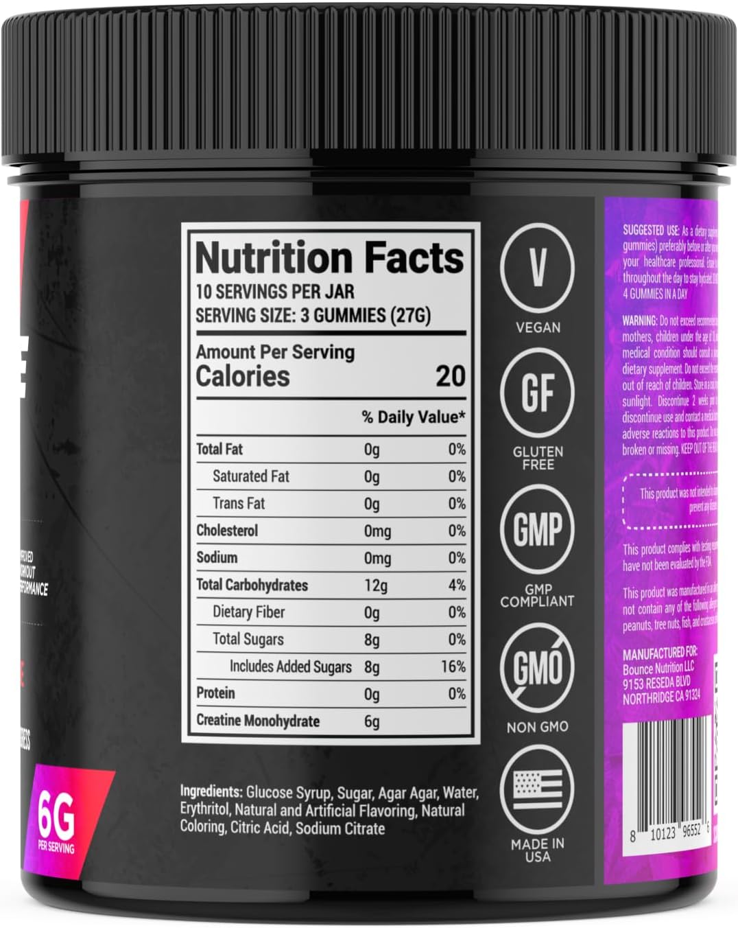 Highly Effective Bounce Pro Creatine Monohydrate Gummies for Men & Women - Low Calorie, Vegan, Gluten-Free, Non-GMO, Anti-Melting - 30ct Berry Snow Cone Flavor - 6g of Creatine per Serving