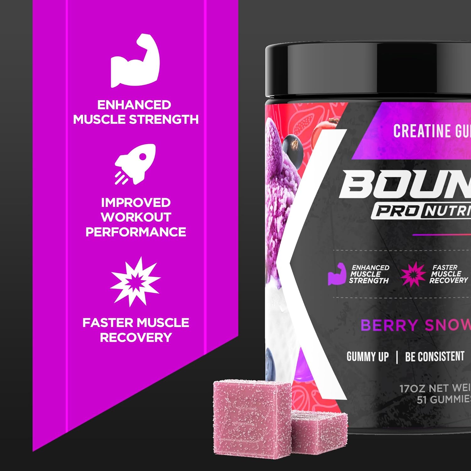 Highly Effective Bounce Pro Creatine Monohydrate Gummies for Men & Women - Low Calorie, Vegan, Gluten-Free, Non-GMO, Anti-Melting - 30ct Berry Snow Cone Flavor - 6g of Creatine per Serving