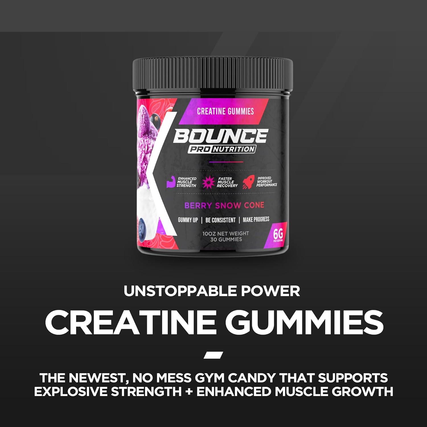 Highly Effective Bounce Pro Creatine Monohydrate Gummies for Men & Women - Low Calorie, Vegan, Gluten-Free, Non-GMO, Anti-Melting - 30ct Berry Snow Cone Flavor - 6g of Creatine per Serving