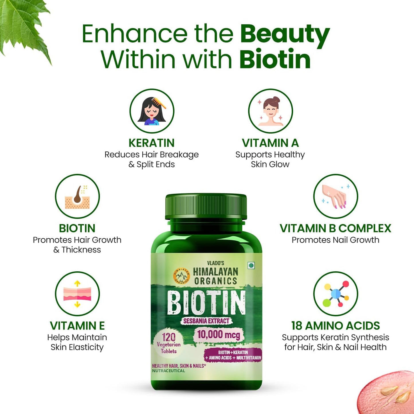 Himalayan Organics Biotin 10000 MCG Supplement with Keratin, Amino Acids, and Multivitamin - 120 Vegetarian Tablets for Healthy Hair, Skin, and Nails
