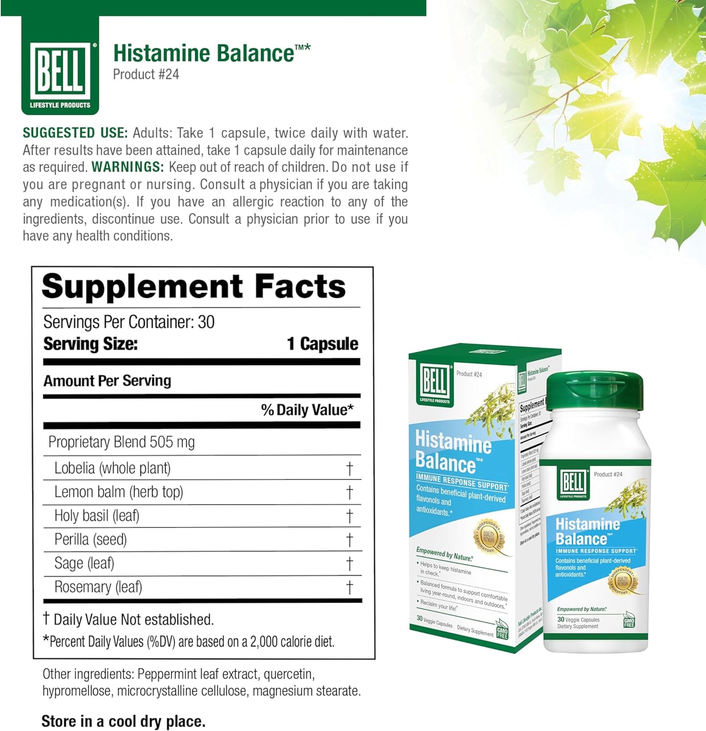 Histamine Balance Capsules - Natural Supplement for Immune & Respiratory Health - 60 Veggie Capsules