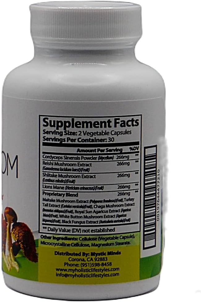 Holistic Lifestyles Mushroom Complex 10X Supplement with Lions Mane for Focus, Vitality, Mood & Immune Support - 1330mg, 60 Capsules
