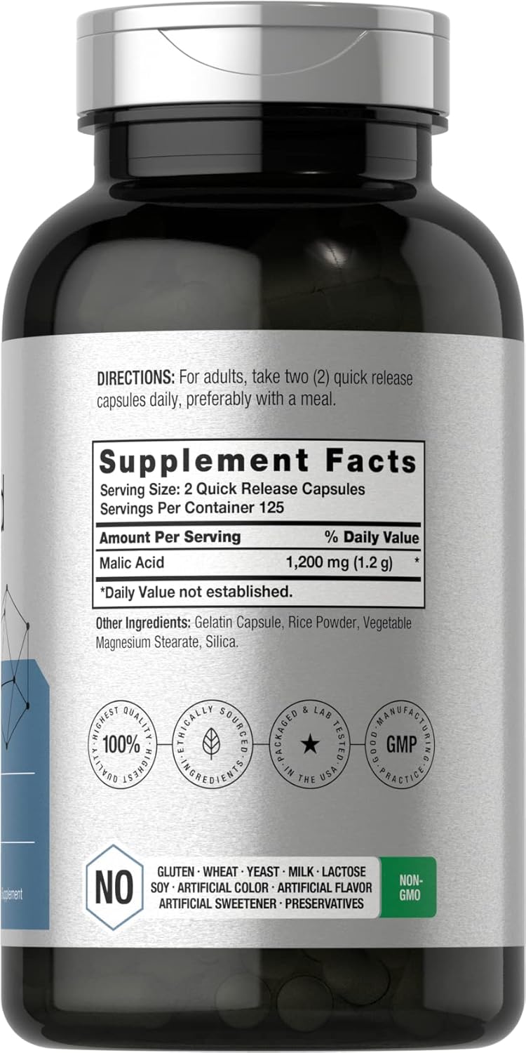 Horbäach Malic Acid Capsules - 1200mg - 250 Count - Non-GMO & Gluten Free Supplement