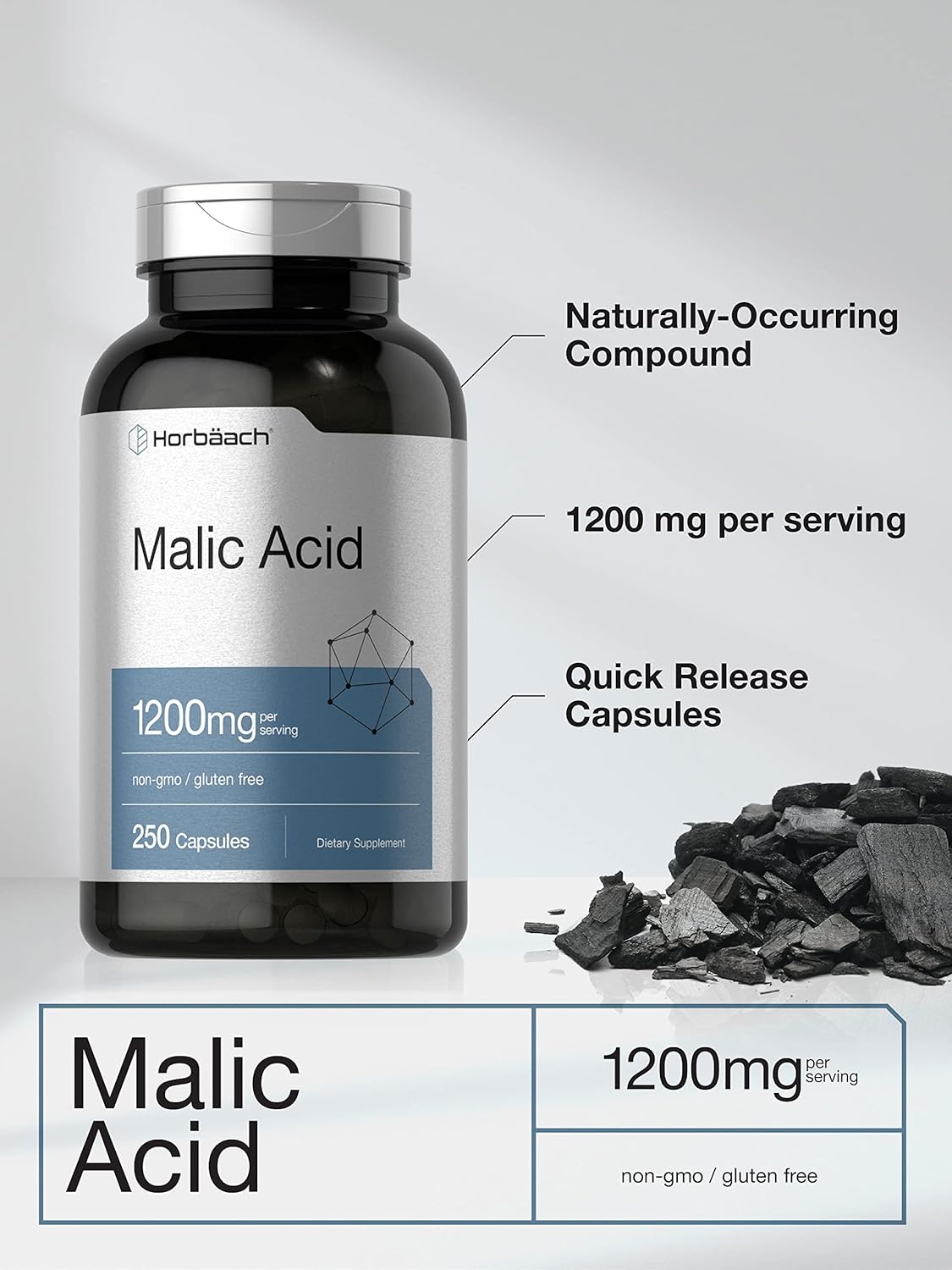 Horbäach Malic Acid Capsules - 1200mg - 250 Count - Non-GMO & Gluten Free Supplement