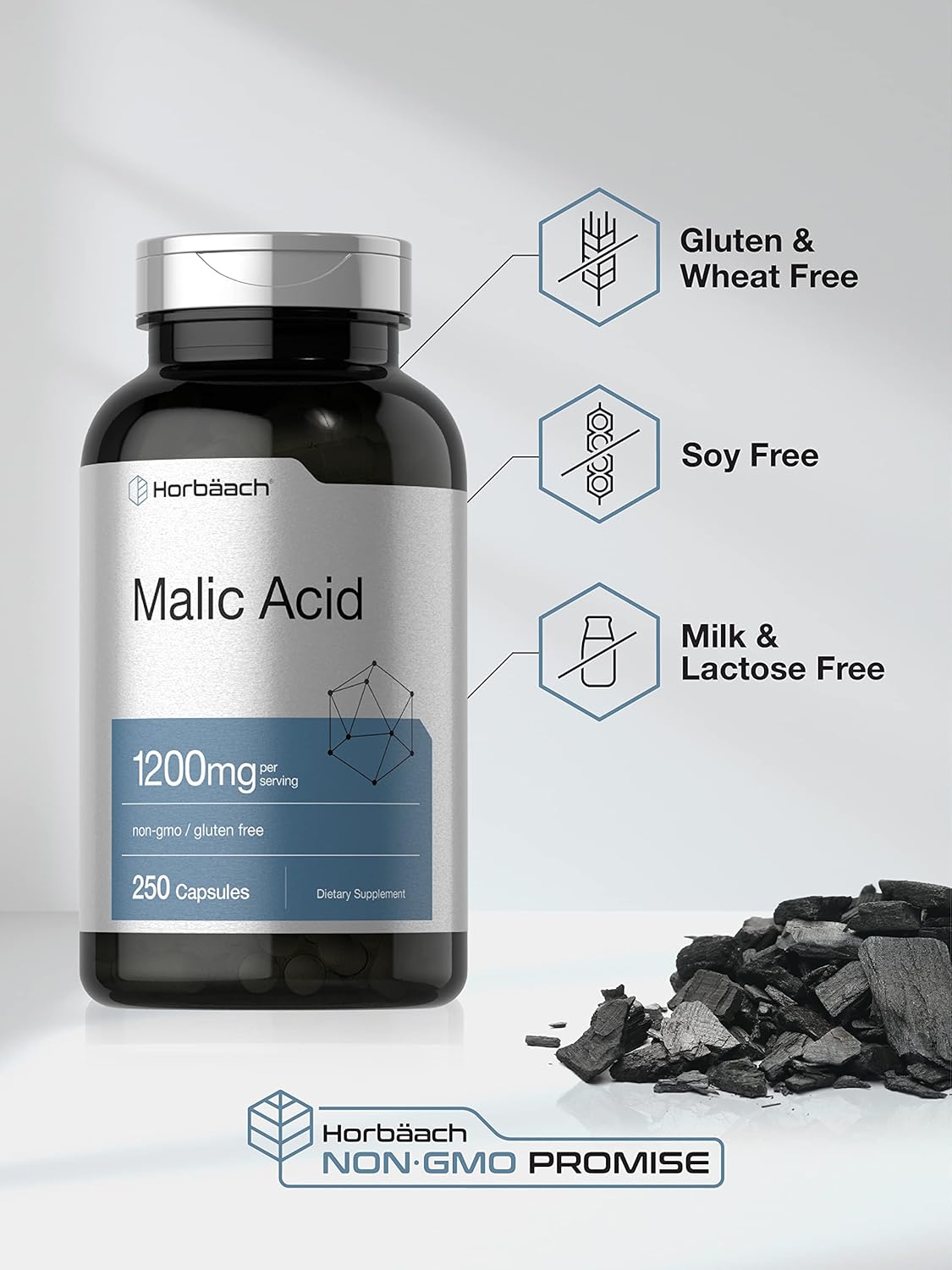 Horbäach Malic Acid Capsules - 1200mg - 250 Count - Non-GMO & Gluten Free Supplement