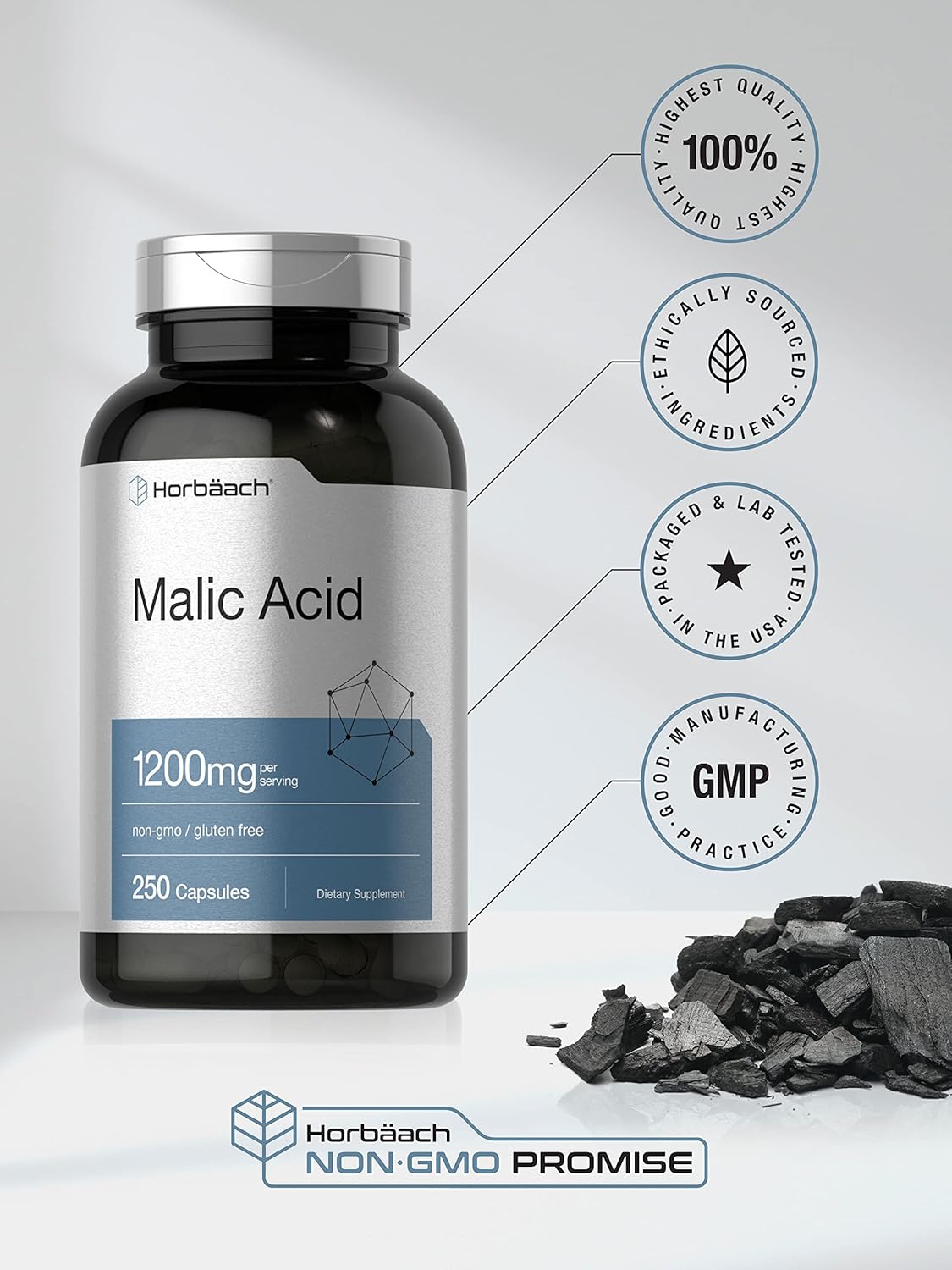 Horbäach Malic Acid Capsules - 1200mg - 250 Count - Non-GMO & Gluten Free Supplement