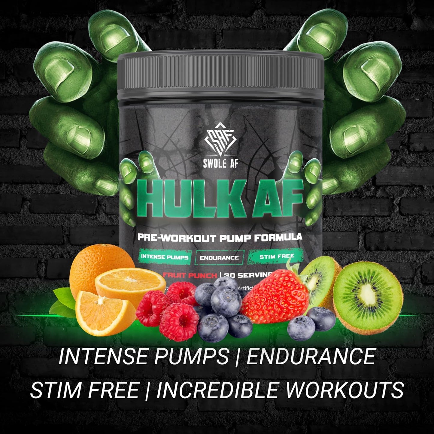 Hulk AF Non-Stimulant Pre-Workout Pump Formula for Improved Circulation and Muscle Power Output - Fruit Punch Flavor