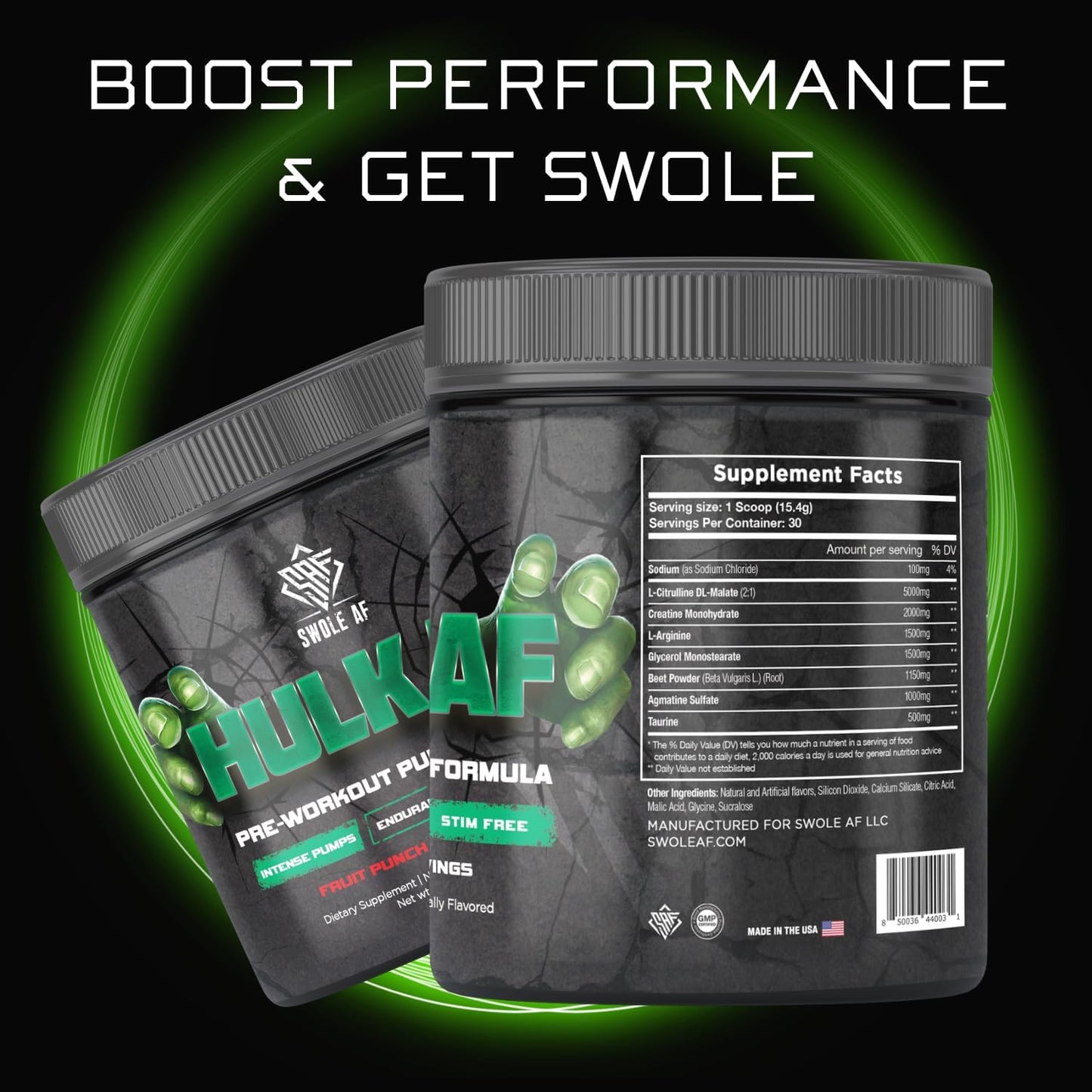 Hulk AF Non-Stimulant Pre-Workout Pump Formula for Improved Circulation and Muscle Power Output - Fruit Punch Flavor