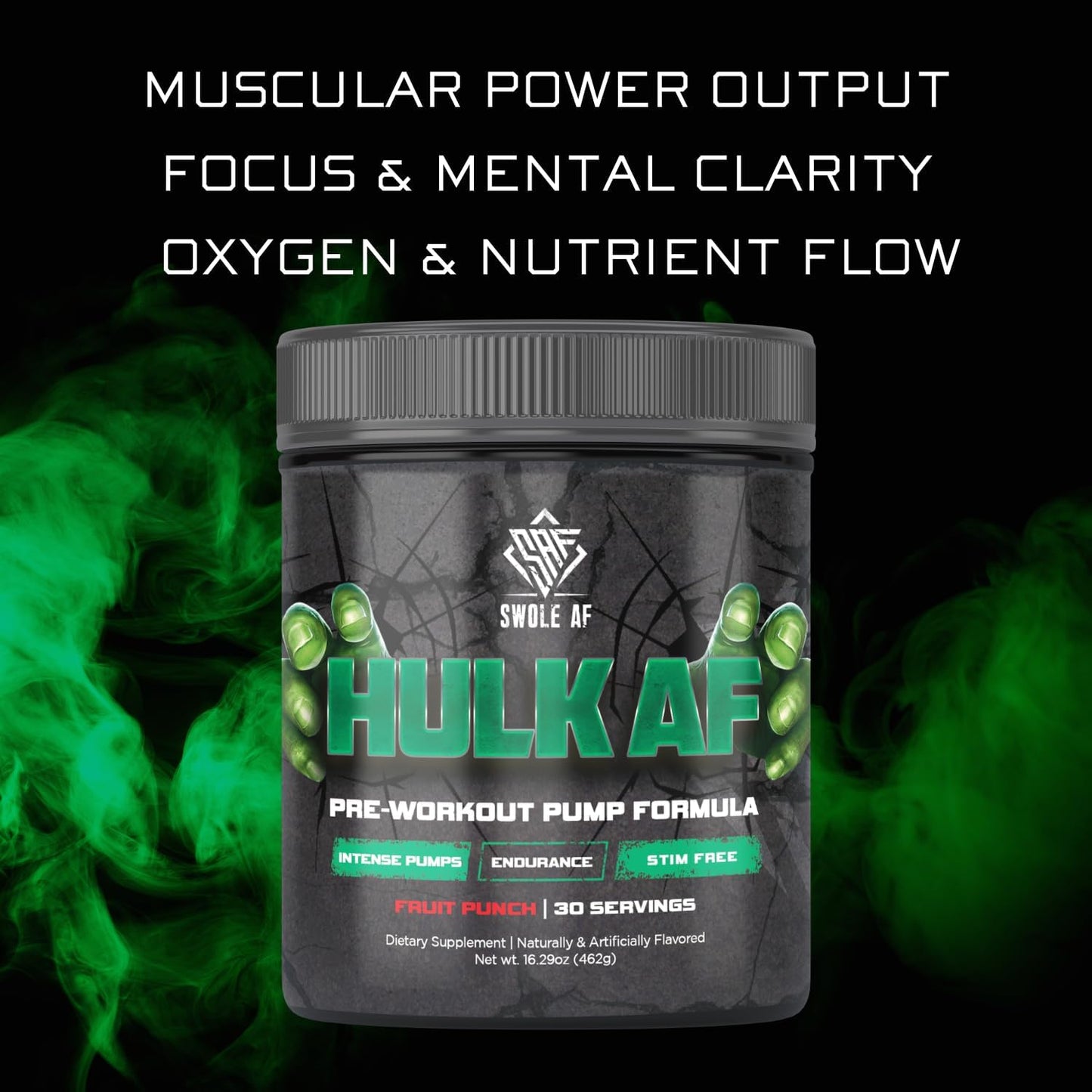 Hulk AF Non-Stimulant Pre-Workout Pump Formula for Improved Circulation and Muscle Power Output - Fruit Punch Flavor