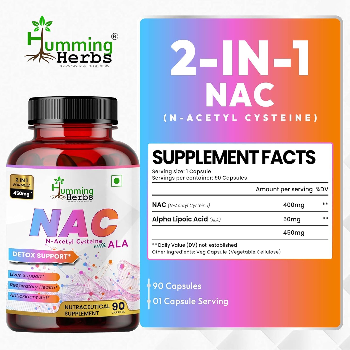 Humming Herbs NAC Supplements 90 Capsules - 2-in-1 Formula 450mg Alpha Lipoic - Support Immune System - 90 Day Supply - Unisex Adults - Daily Serving 1 Capsule