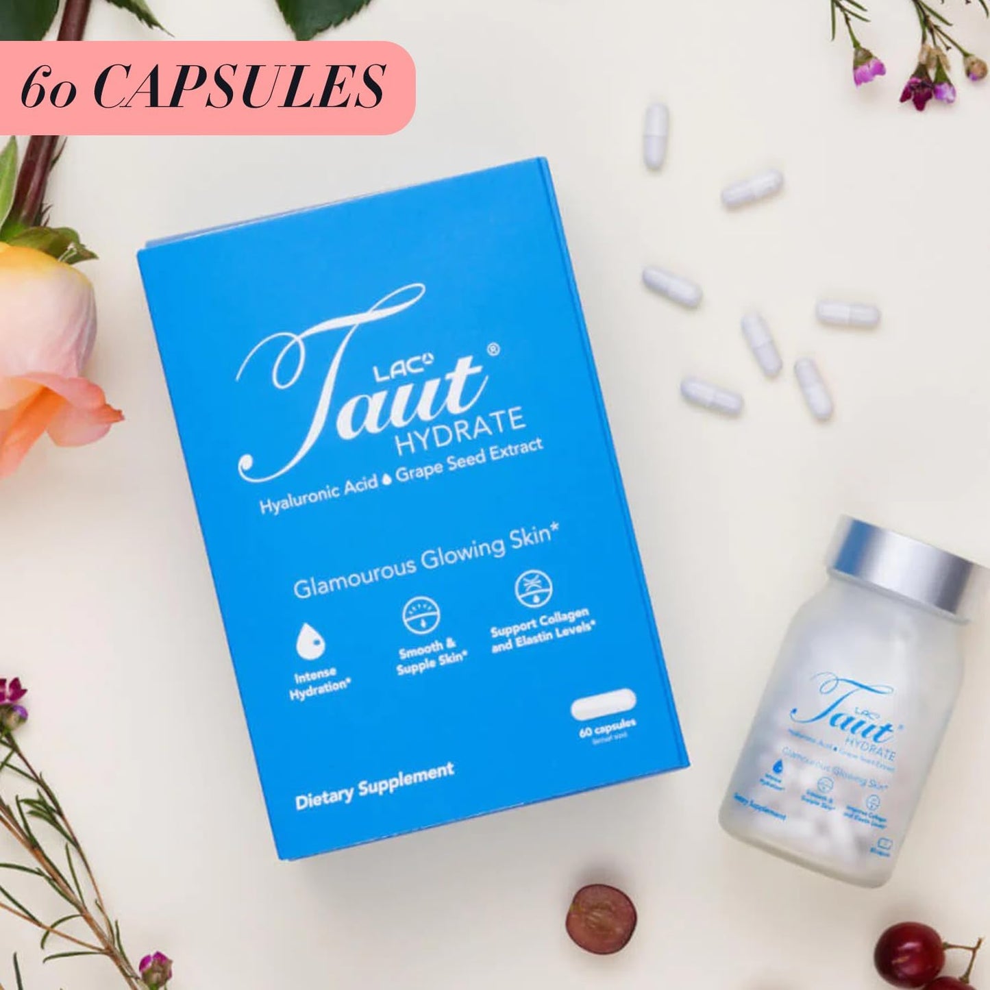 Hydrate & Brighten Skin with TAUT Hyaluronic Acid Pills - Vegan Collagen Supplement for Glowing Skin - 60 Capsules
