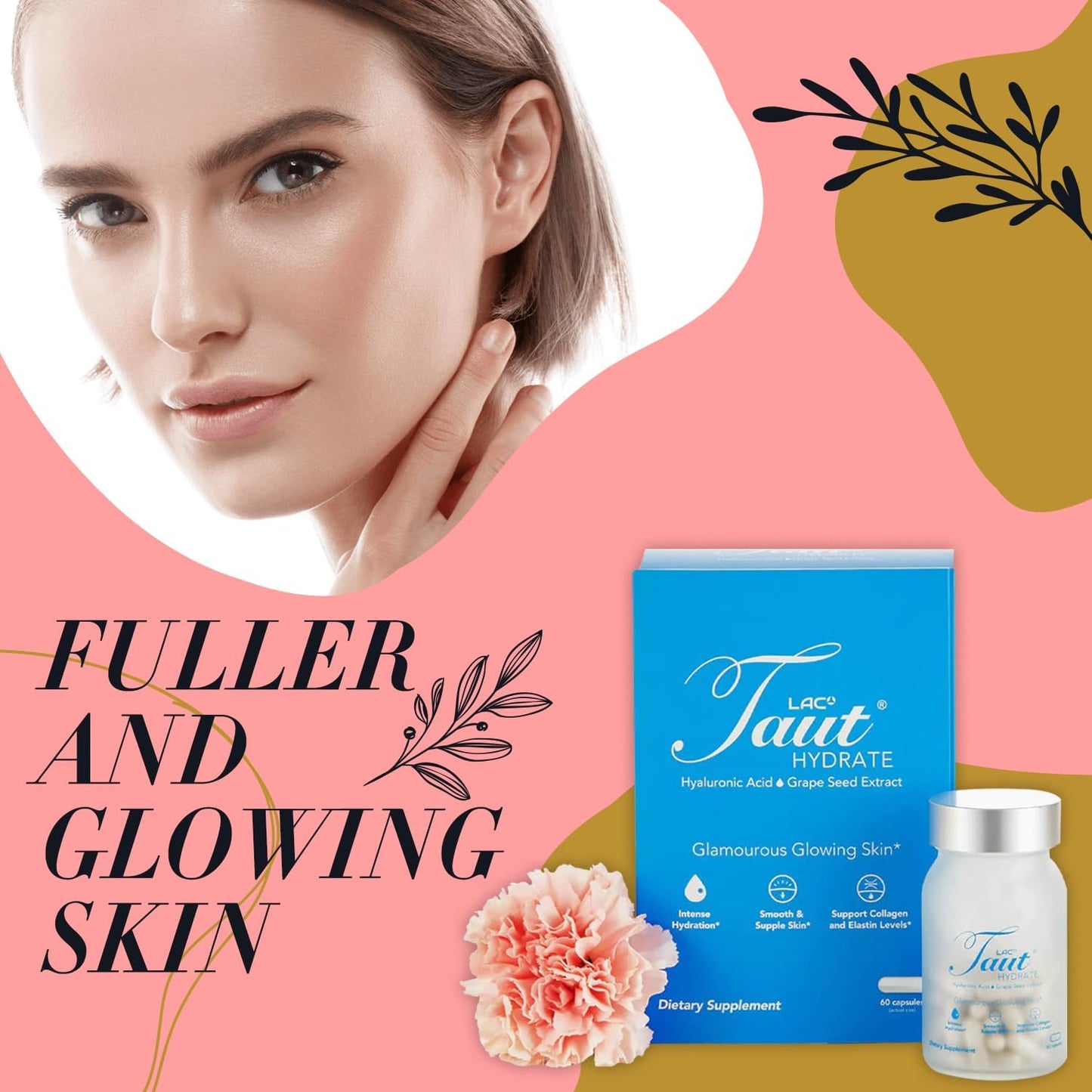 Hydrate & Brighten Skin with TAUT Hyaluronic Acid Pills - Vegan Collagen Supplement for Glowing Skin - 60 Capsules