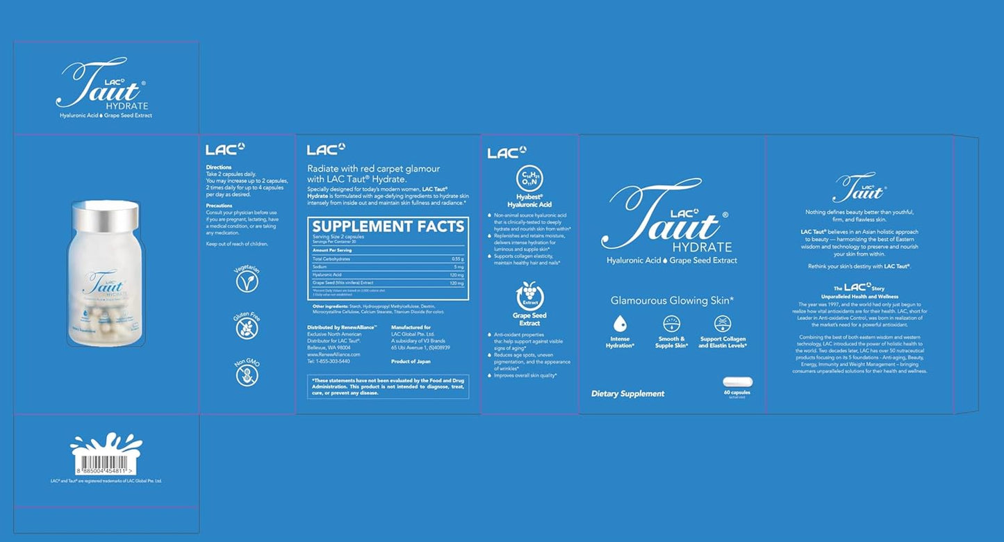 Hydrate & Brighten Skin with TAUT Hyaluronic Acid Pills - Vegan Collagen Supplement for Glowing Skin - 60 Capsules