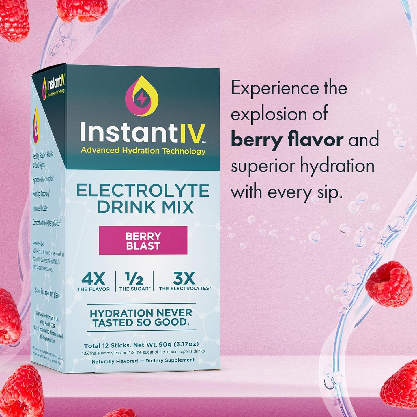 Hydrating Electrolyte Powder with Vitamin C, B3, B6 - 3X Electrolytes, Low Sugar - Berry Blast Flavor, 12 Packets - Vegan & Gluten Free