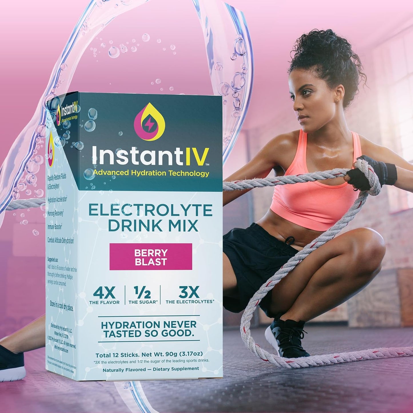 Hydrating Electrolyte Powder with Vitamin C, B3, B6 - 3X Electrolytes, Low Sugar - Berry Blast Flavor, 12 Packets - Vegan & Gluten Free