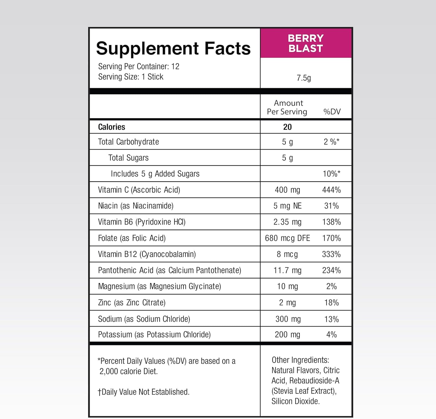 Hydrating Electrolyte Powder with Vitamin C, B3, B6 - 3X Electrolytes, Low Sugar - Berry Blast Flavor, 12 Packets - Vegan & Gluten Free