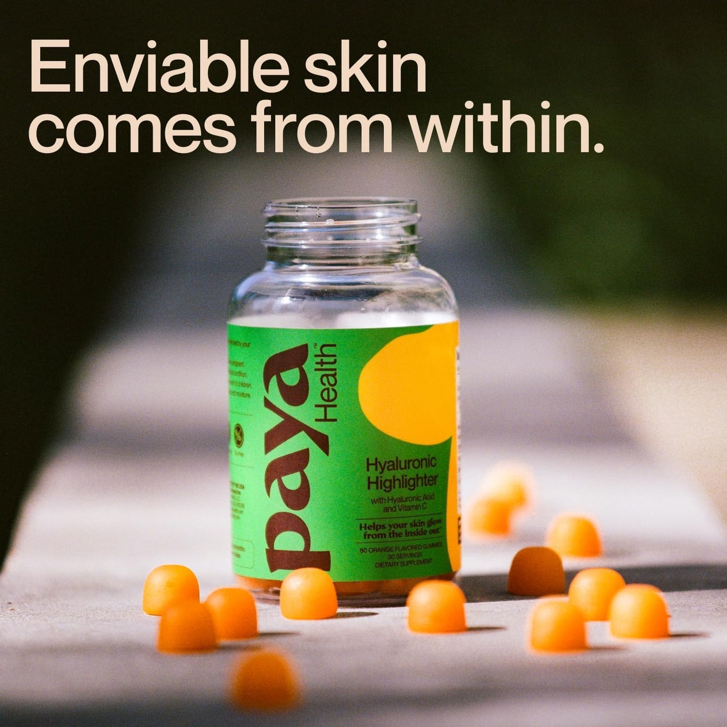 Hydrating Hyaluronic Highlighter Skincare Gummies | Vegan Supplement for Brighter, Dewy Skin | Non-GMO, Gelatin-Free with Vitamin C | Orange Flavor, 60-Day Supply