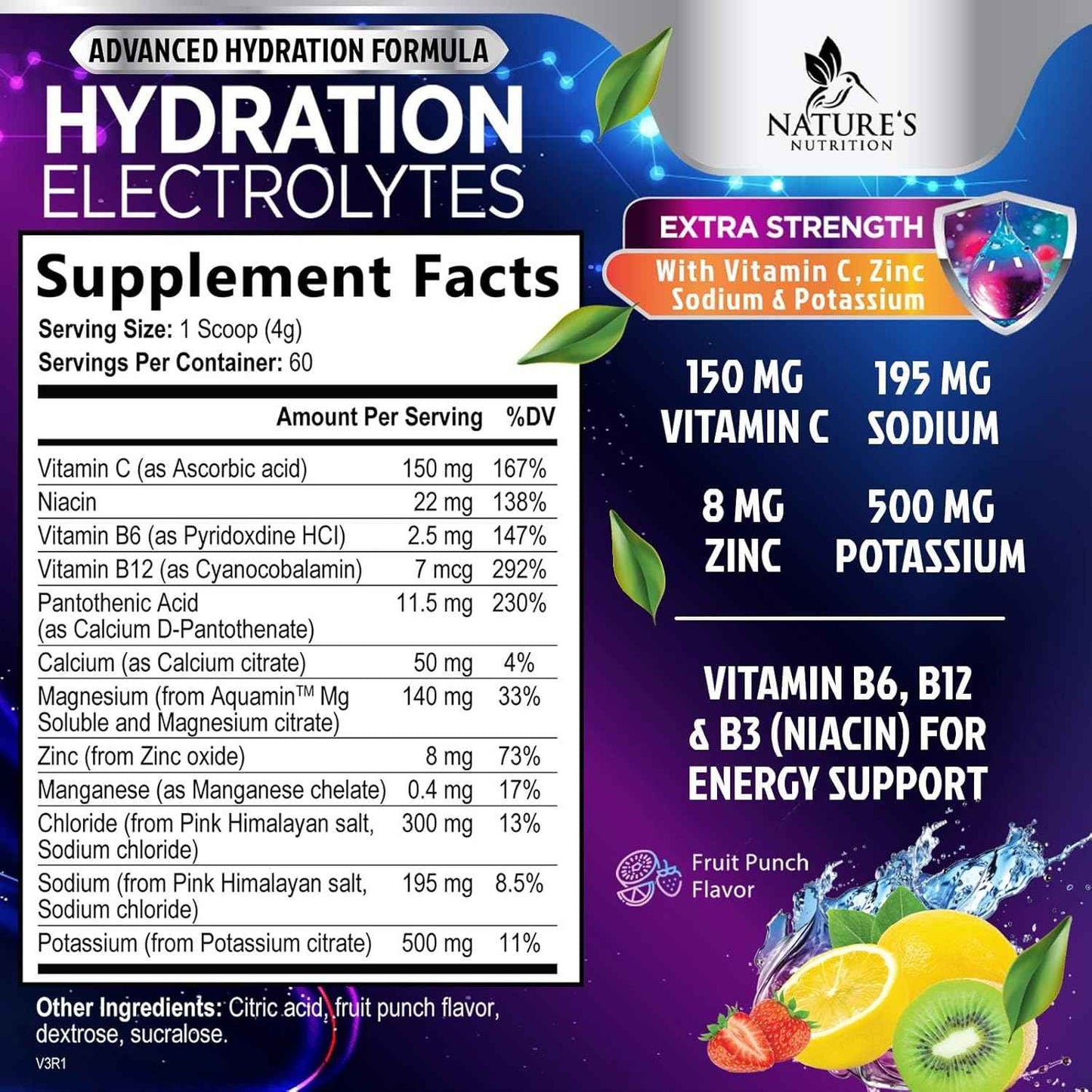 Hydration Replenisher Daily Electrolyte Drink Mix β Hydration Powder for Rapid Hydration with 6 Electrolytes & Minerals, Zero Sugar, Keto, Vegan, Non-GMO & Sugar-Free Electrolyte Powder - 60 Servings