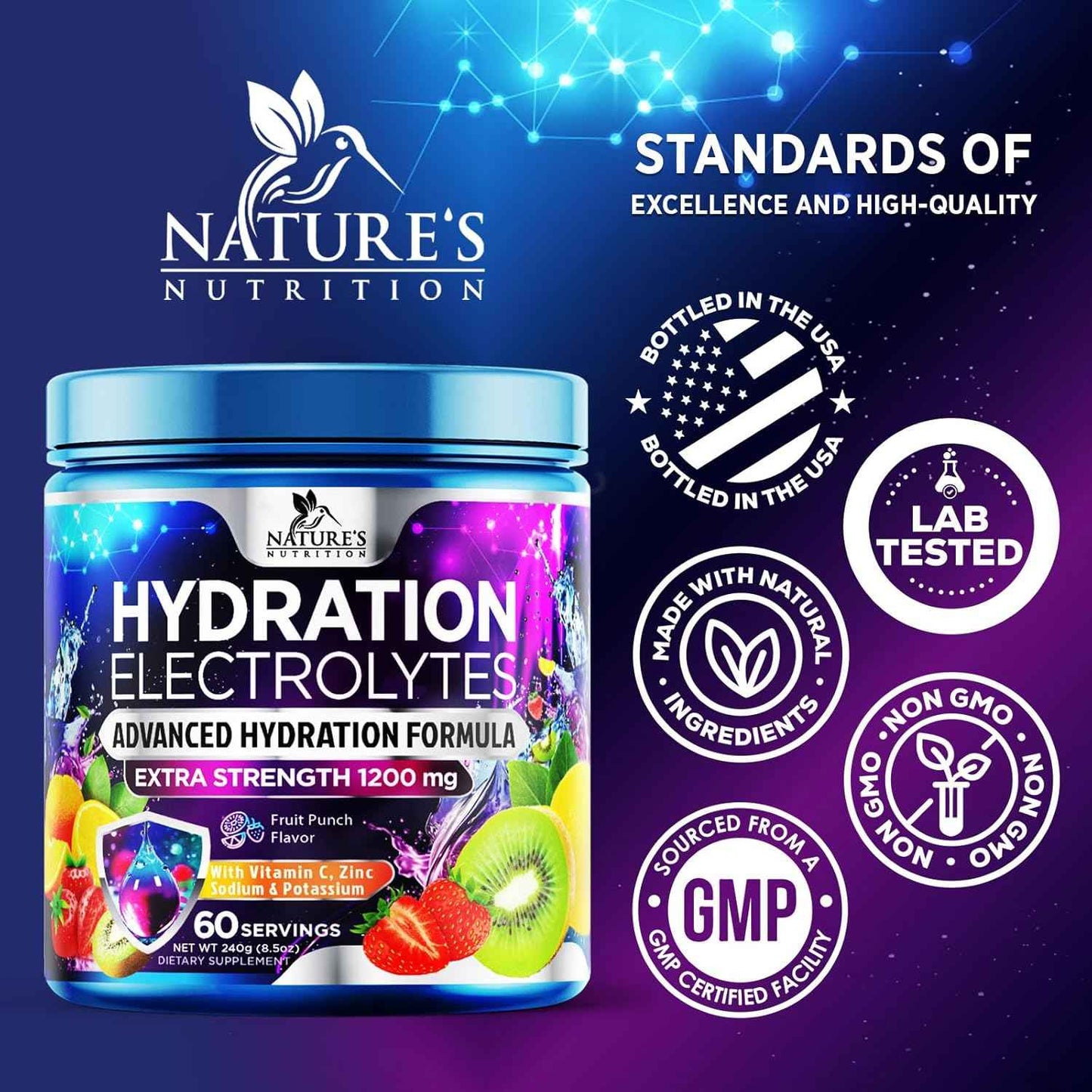 Hydration Replenisher Daily Electrolyte Drink Mix β Hydration Powder for Rapid Hydration with 6 Electrolytes & Minerals, Zero Sugar, Keto, Vegan, Non-GMO & Sugar-Free Electrolyte Powder - 60 Servings