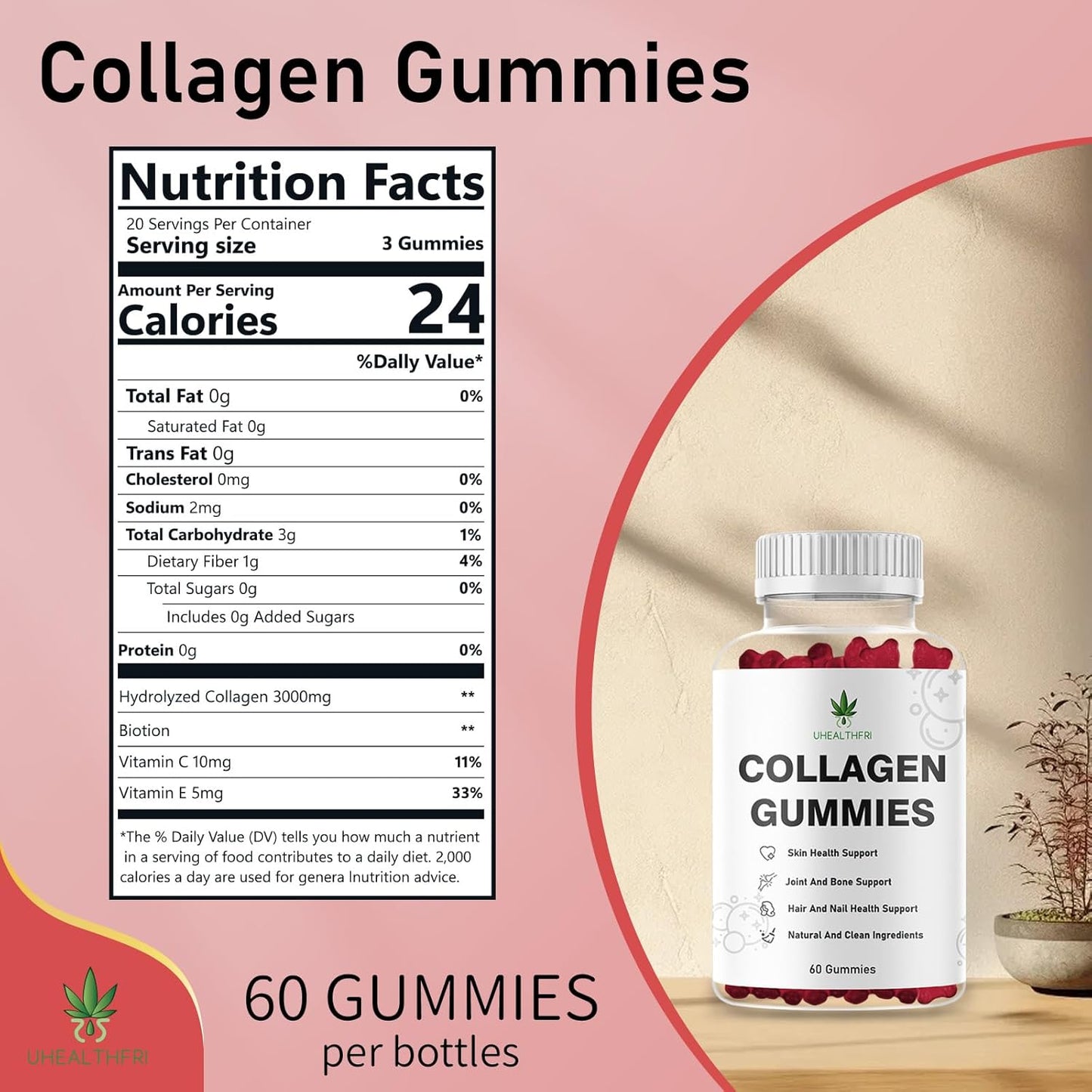 Hydrolyzed Collagen Gummies with Peptides Type I II III V X for Hair, Skin & Nails - Uhealthfri Collagen Peptides for Men and Women