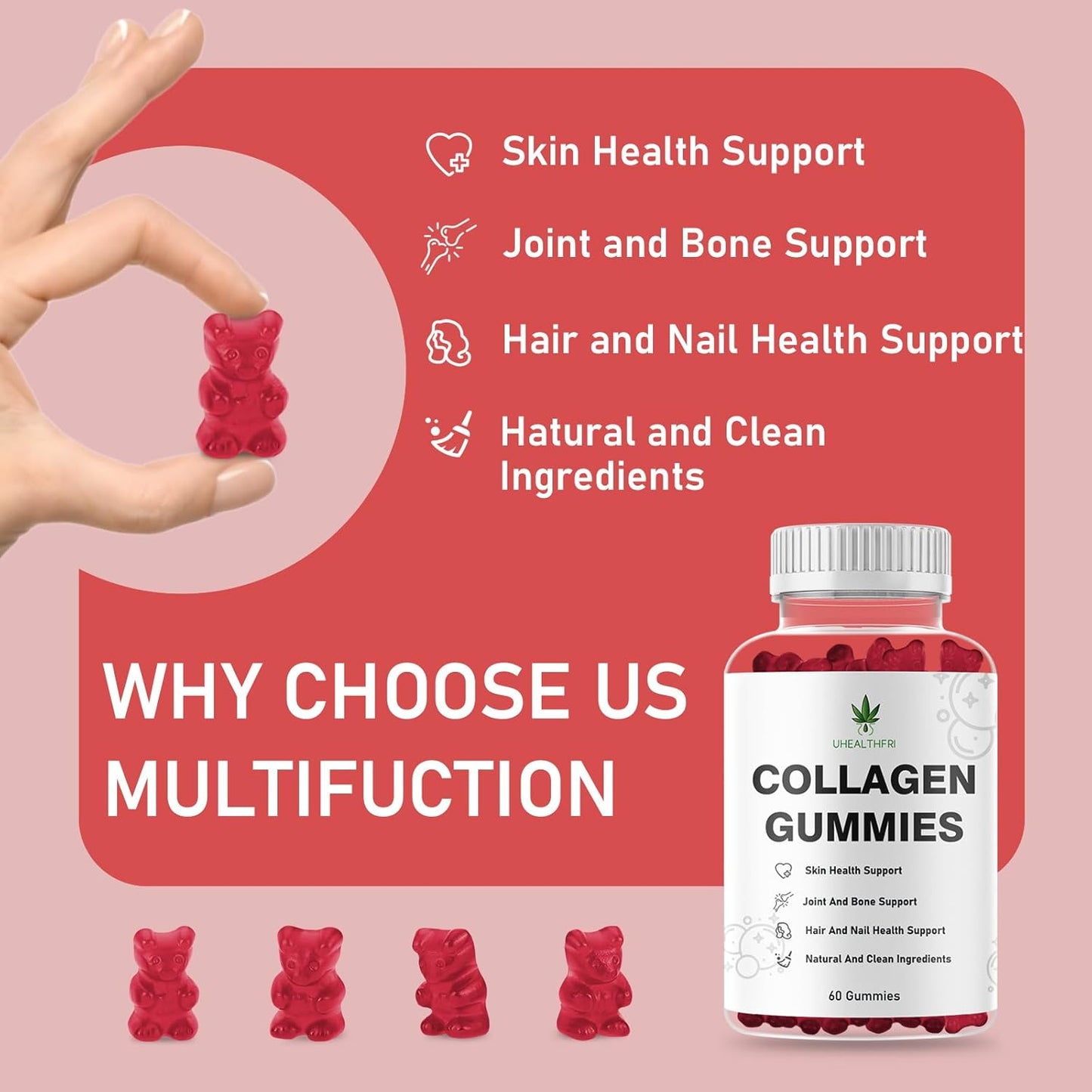Hydrolyzed Collagen Gummies with Peptides Type I II III V X for Hair, Skin & Nails - Uhealthfri Collagen Peptides for Men and Women