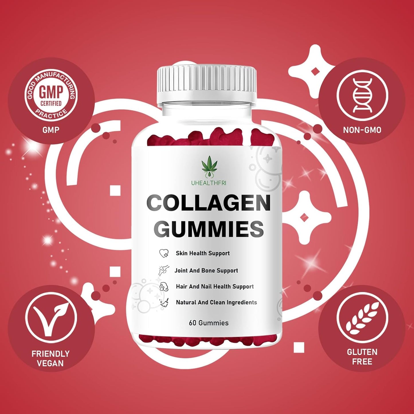 Hydrolyzed Collagen Gummies with Peptides Type I II III V X for Hair, Skin & Nails - Uhealthfri Collagen Peptides for Men and Women